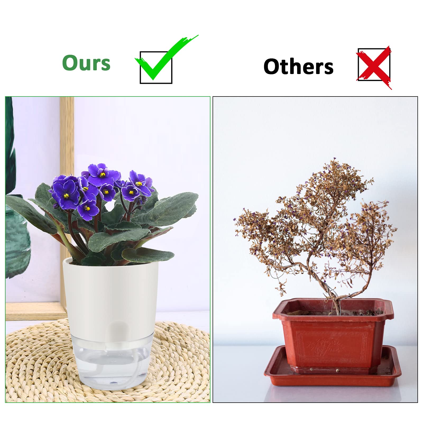 ShineMe Self Watering Plant Pots - 5 Pack 4.1 Inch Plastic Planter with Absorbent Cotton Rope for African Violets, Herbs, Aloe, Peace Lily - Perfect for Indoor Plants, Home Decor, Office Desk & Kitchen Windowsill Gardening