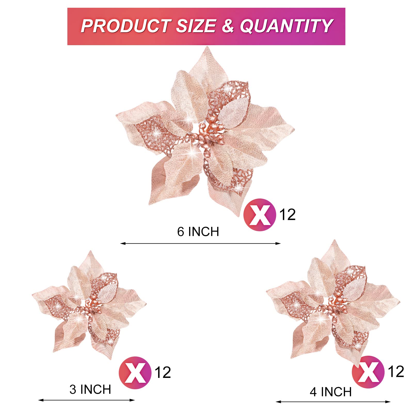36 Pieces Christmas Poinsettia Glitter Faux Flowers - Rose Gold Artificial Flowers for Xmas Tree Ornaments, Toppers & Holiday Decorations - Perfect for Home, Office, and Party Decor