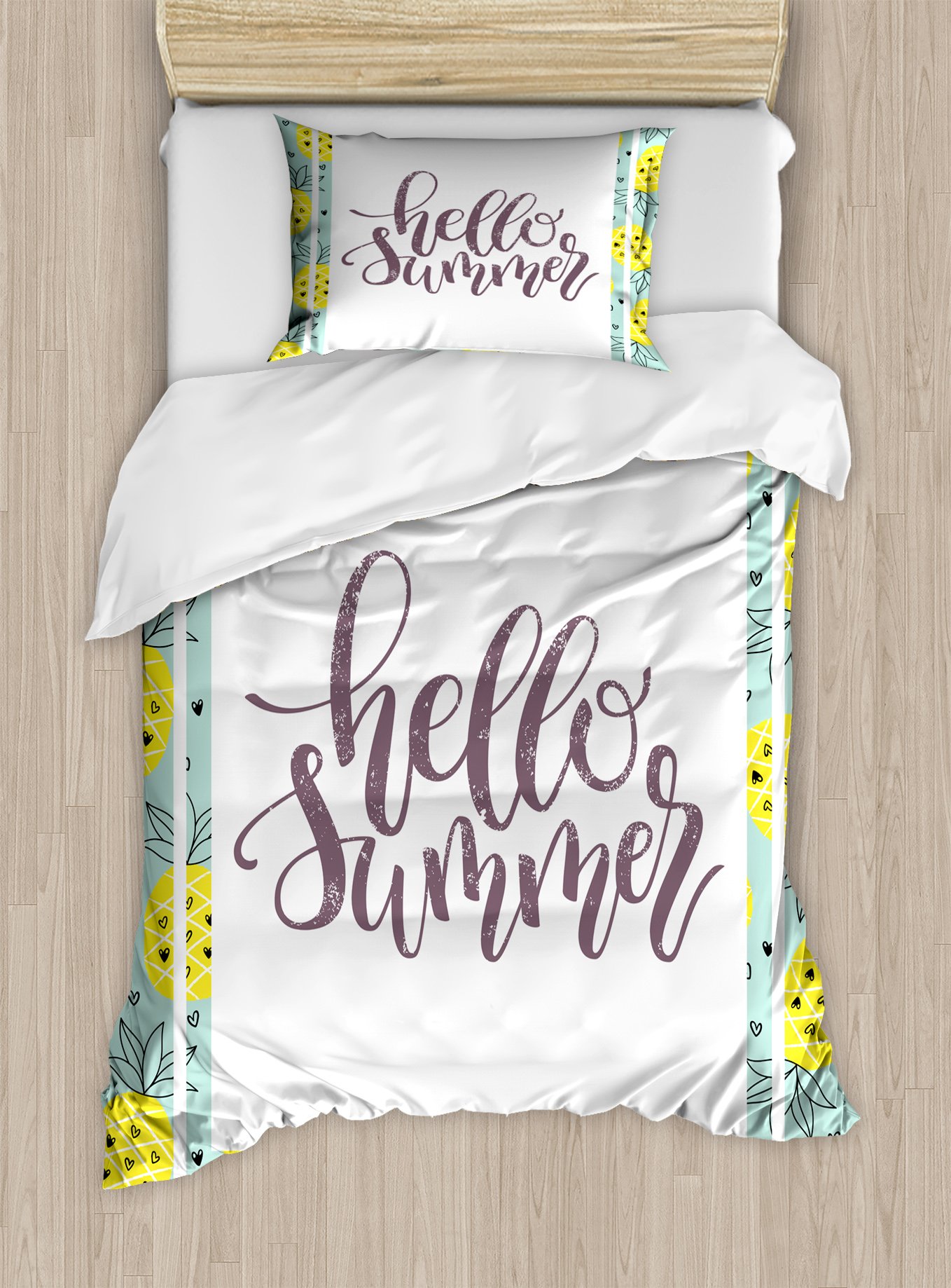Ambesonne Hello Summer Duvet Cover Set - Hand Lettering Phrase Print with Radiant Yellow Pineapples, 2-Piece Twin Size Bedding Set with Pillow Sham | Tropical Home Decor for Bedroom, Guest Room & Summer Vacation