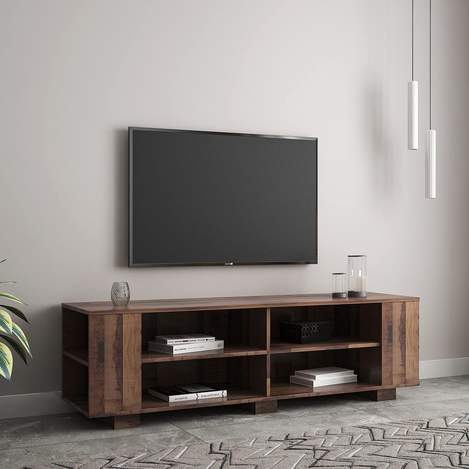 59-Inch Mid-Century Modern TV Stand for 65-Inch Flat Screens - Universal Entertainment Center with 8 Open Shelves, Industrial Style TV Storage Cabinet (Brown) - Perfect for Living Room, Home Theater & Office US Delivery