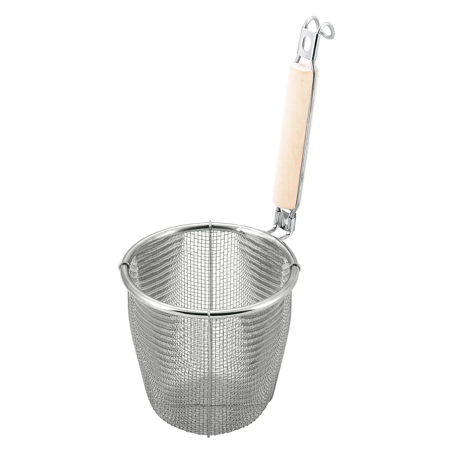 Premium Stainless Steel Udon & Tebo Noodle Strainer with Flat Base & Wooden Handle - Perfect for Asian Noodle Cooking, Ramen, Pho & Pasta Drainage