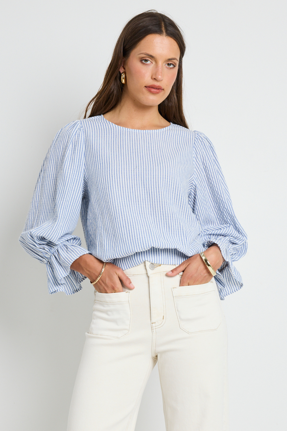 Imagine Blue Stripe Shirred Back Long Sleeve Top for Women | Casual & Chic Blouse for Everyday Wear | Perfect for Office, Dates & Outings
