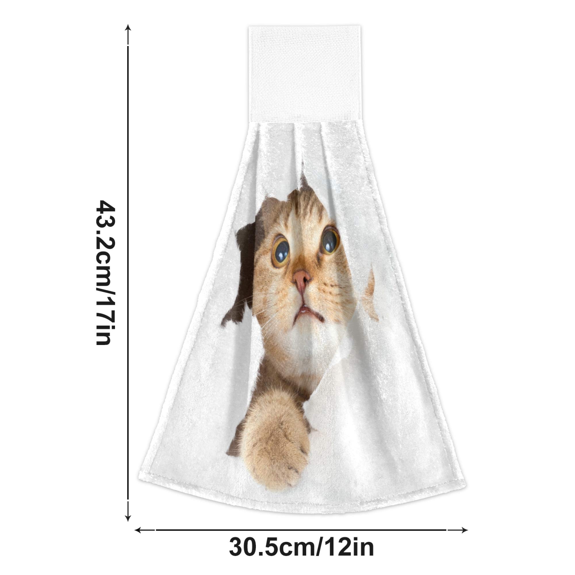 Cute Red Kitten Cat Pattern Kitchen Hand Towels with Hook & Loop - Set of 2 Absorbent Hanging Towels for Bathroom & Kitchen - Perfect for Dish Drying, Hand Wiping & Home Decor