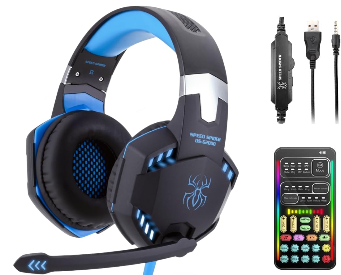SKTOME Gaming Headset with Mic & LED Lights - Noise Cancelling Over-Ear Headphones with Voice Changer, Volume Control for PS5/PS4/Xbox One/PC/Laptop/Phone - Perfect for Online Gaming & Streaming (Blue)