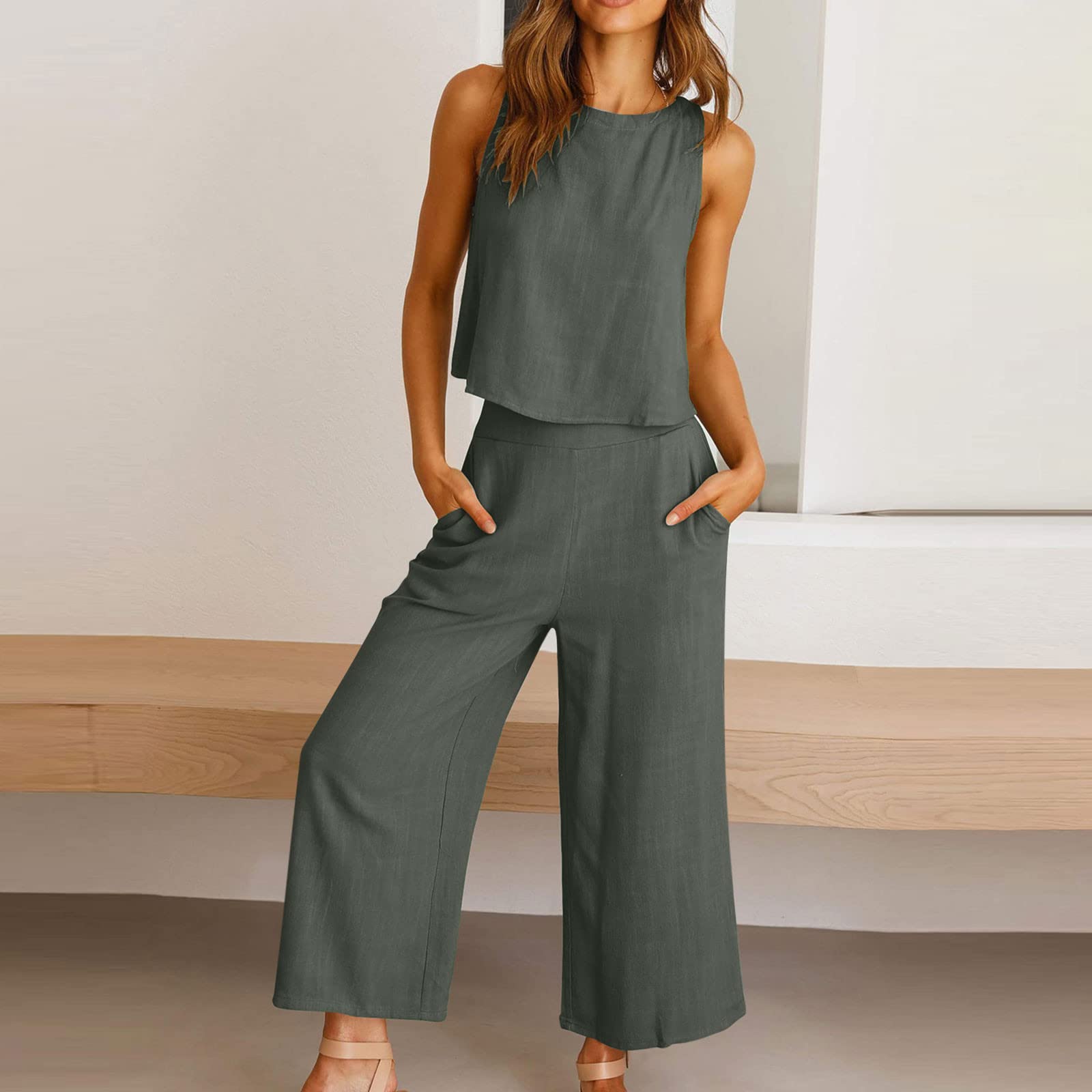 AMhomely Women's 2-Piece Outfit - Sleeveless Cotton Linen Wide Leg Pants Set with Vest Top & Back Buttons | Elegant Ladies' Pants Suit with Pockets | Perfect for Office Wear, Summer Outfits & Casual Occasions