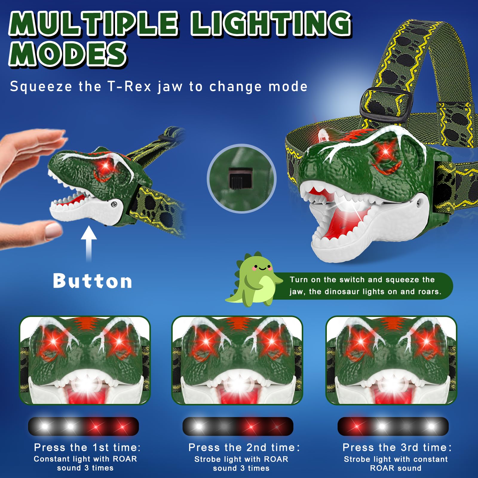 Dinosaur LED Headlamp for Kids - T-Rex Toy Flashlight with Adjustable Strap | Fun Dinosaur Toys for Boys & Girls | Perfect for Camping, Outdoor Adventures, Birthday Gifts & Halloween Stocking Stuffers