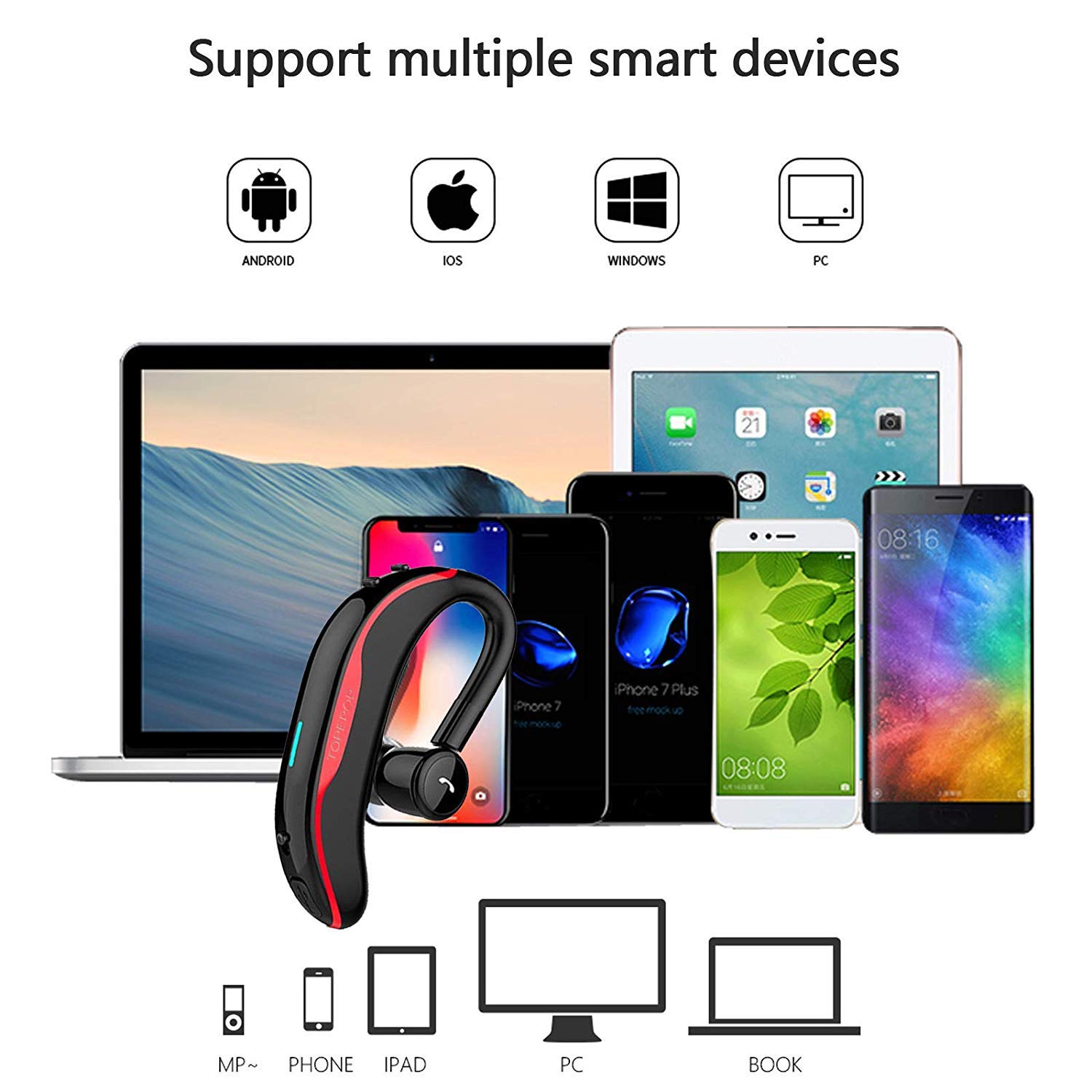 Wireless Bluetooth Earpiece with Noise Cancellation - Hands-Free Headset for Long Talk Time - Compatible with iPhone & Android Phones - Ideal for Car Drivers, Truckers, Business & Office Use (Red)