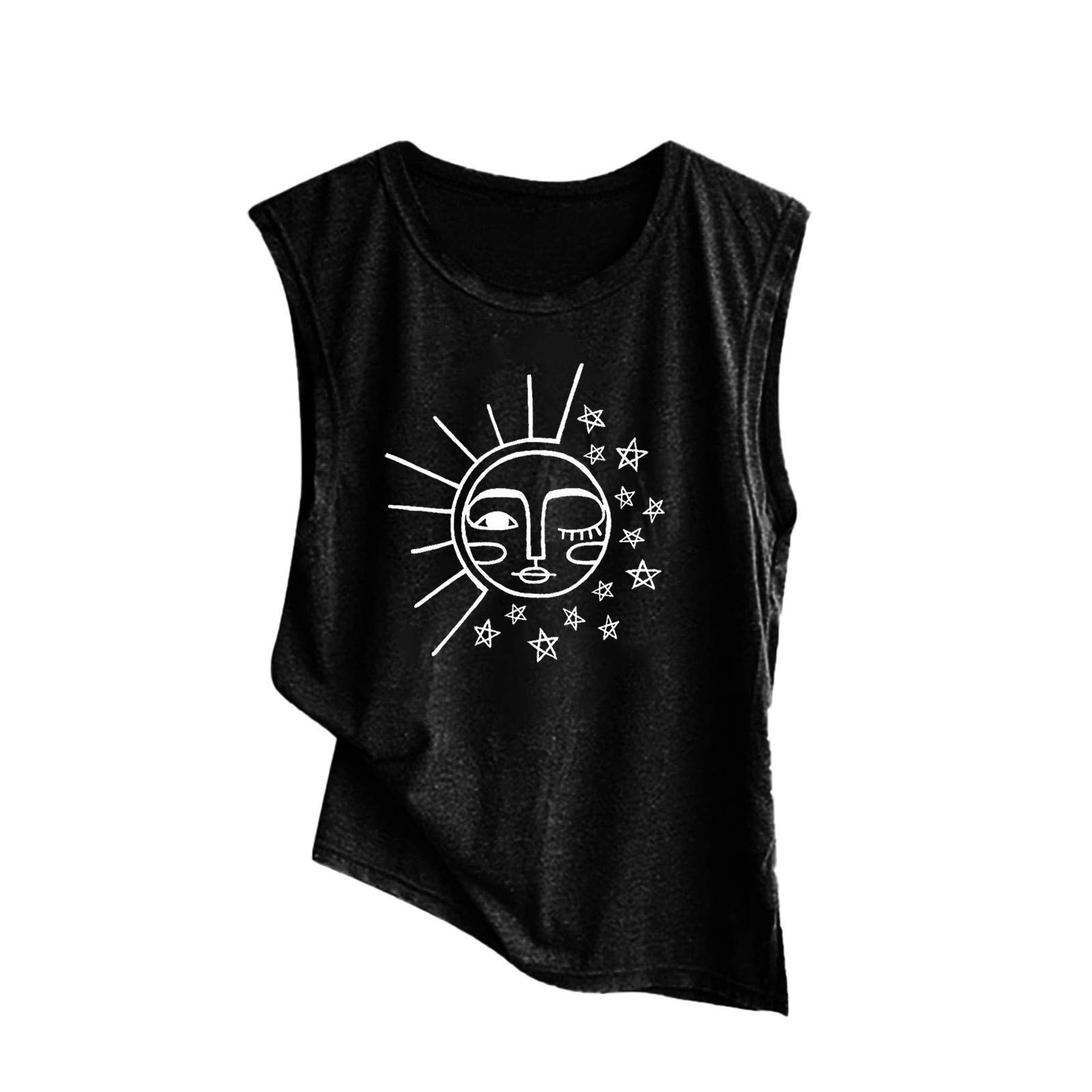 Women's Casual Sleeveless Tank Top - O-Neck Loose Fit Sun & Moon Printed Vest for Summer | Perfect for Beach, Yoga, and Everyday Wear