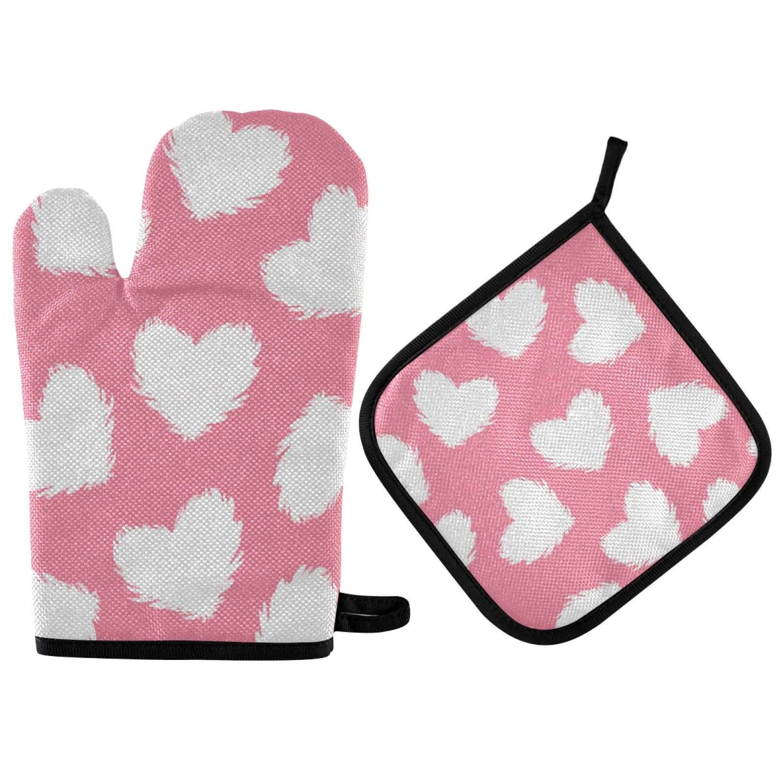 Valentine's Day & Mother's Day Oven Mitts and Pot Holders Set - Heat Resistant Pink Kitchen Gloves for Cooking, Baking, BBQ - Perfect for Holiday Gifts & Home Cooking Safety