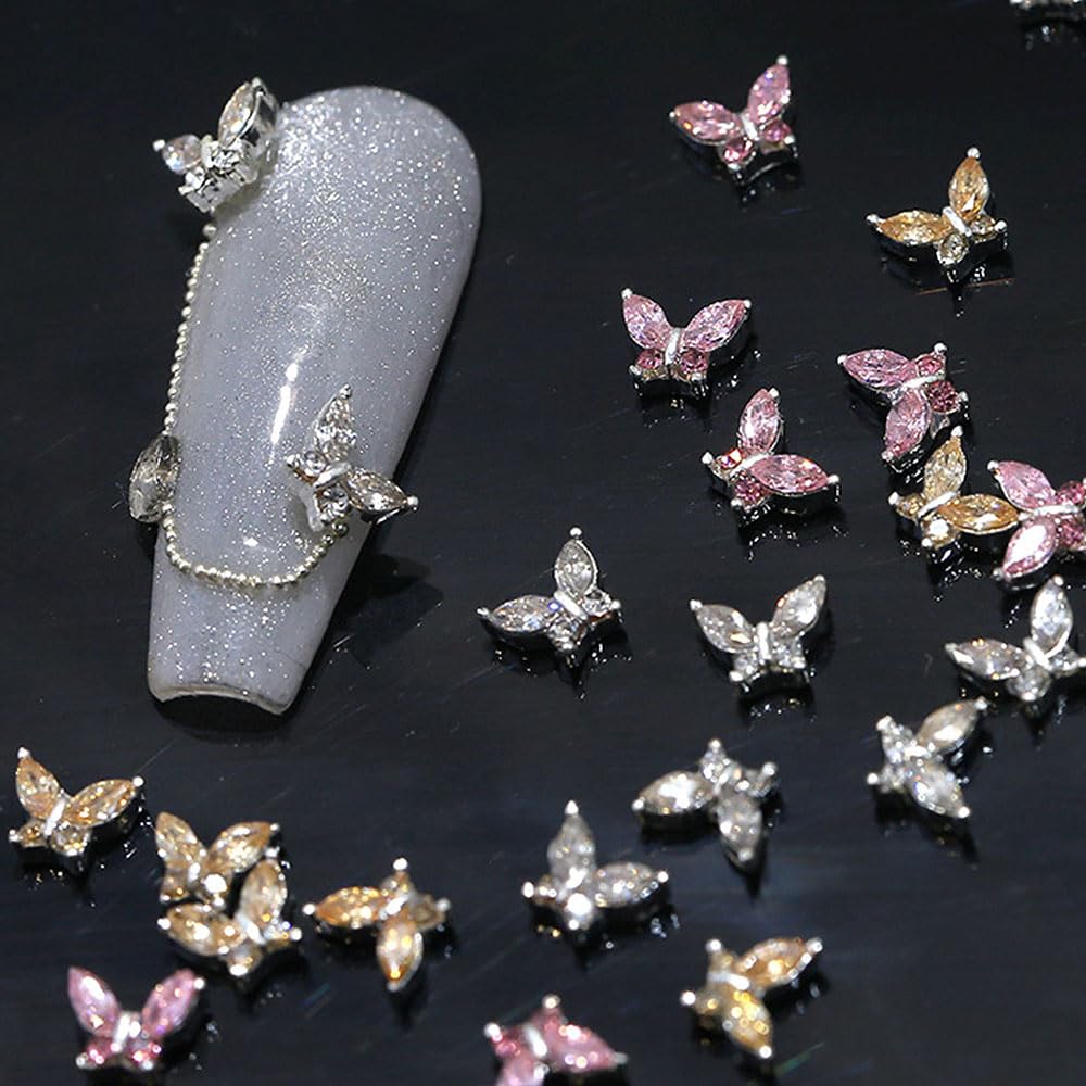 3D Butterfly Nail Charms - White Champagne Pink Rhinestone Crystal Butterflies for Nail Art, Nail Design, and Nail Decor | Perfect for DIY Nail Art, Salon Manicures, and Special Occasion Nail Accessories
