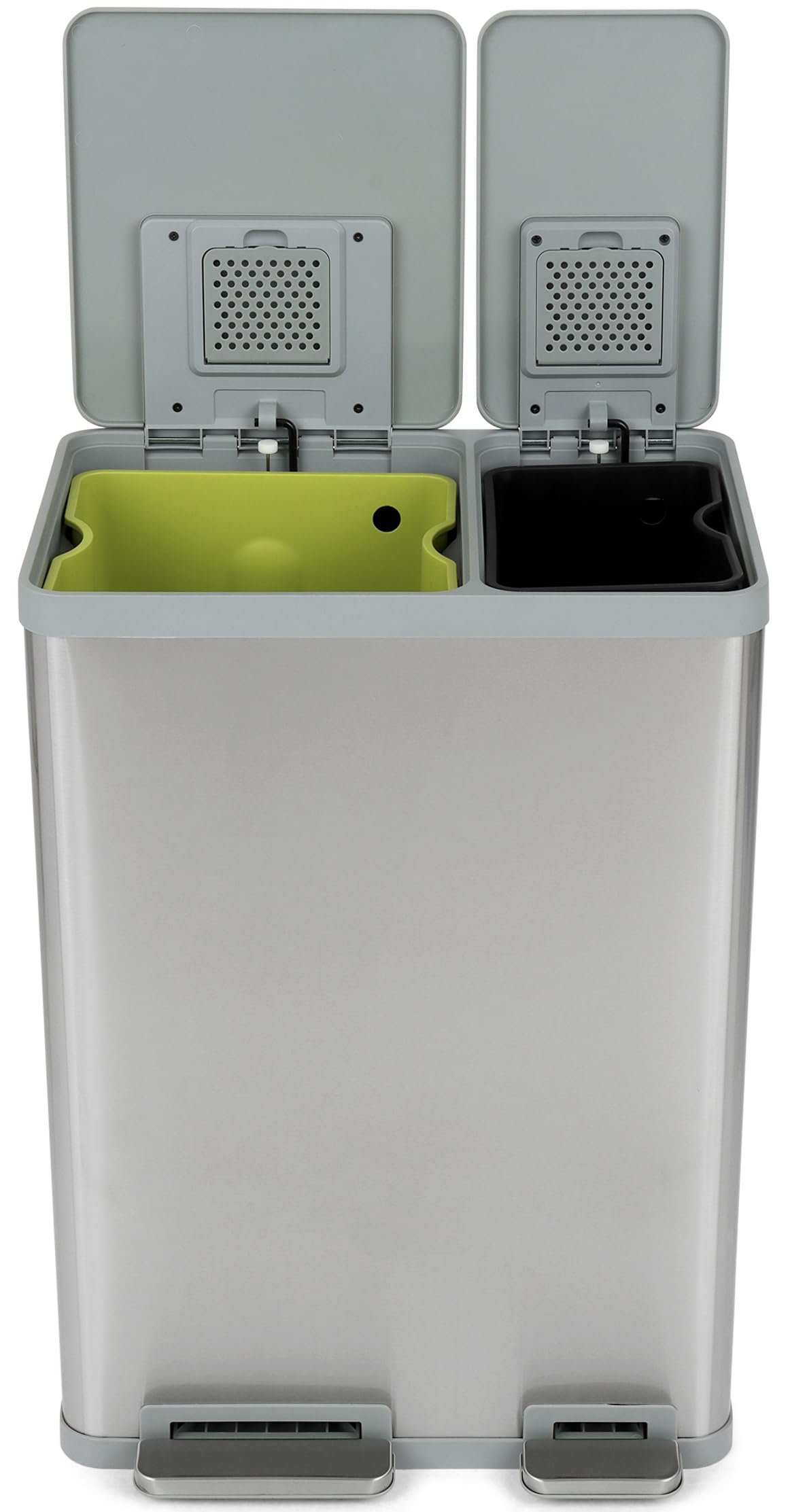 SIMPLI-MAGIC 60L/16 Gallon Stainless Steel Step Trash Can with Soft-Close Lid - Dual Compartment Recycling Bin for Kitchen, Office & Bathroom - Hands-Free Operation, Brushed Finish (38L x 22L Capacity) - Perfect for Waste Sorting & Space Saving