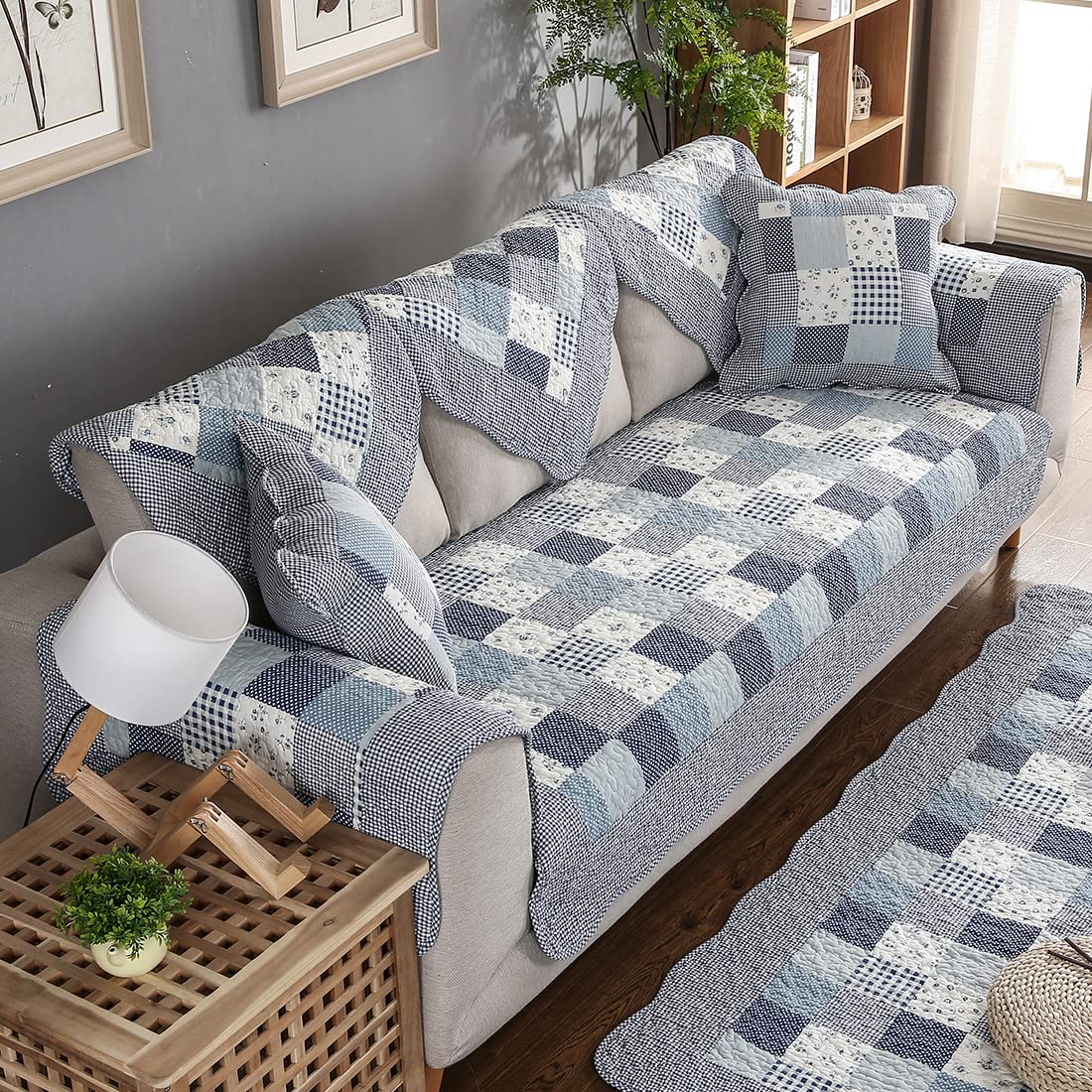 VCTOPS Floral Real Patchwork Boho Cotton Quilted Sofa Cover - Non-Slip Sectional Couch Slipcover for Dogs, Kids & Pets (28