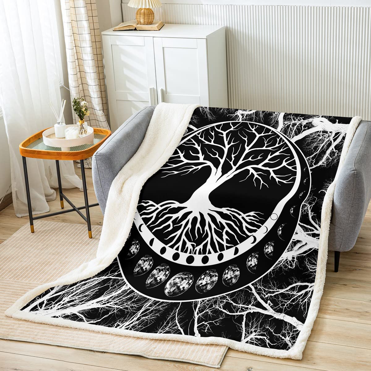 Erosebridal Tree of Life Fleece Blanket - Moon Phase Sherpa Throw Blanket for Couch, Sofa & Bed Decor - Soft Plush Fluffy Botanical 3D Print Blanket in Black & White - Perfect for Cozy Nights, Home Decor & Gift Giving