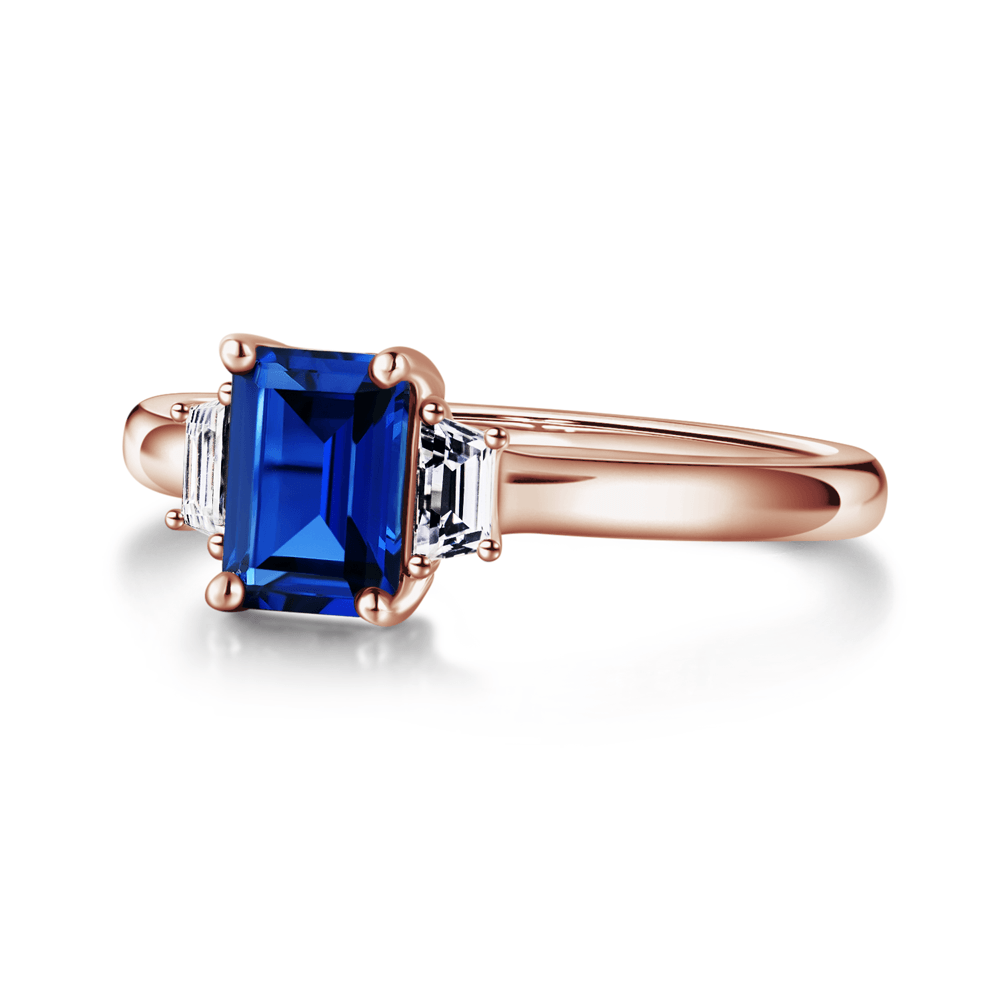 Exquisite Emerald Cut Blue Sapphire & White Sapphire Three Stone Ring – Elegant Jewelry for Engagement, Wedding & Special Occasions