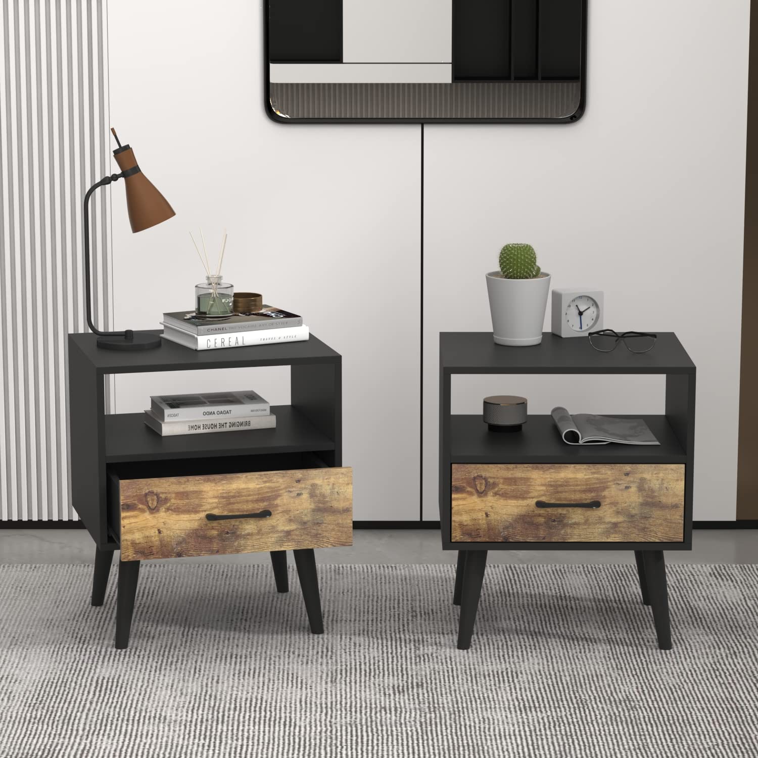Hitow Set of 2 Mid Century Nightstands with Drawer and Storage Shelf - Rustic End Tables for Bedroom, Living Room, Sofa Couch - Perfect for Small Spaces, Apartment Essentials (23.4 Inches, Brown)