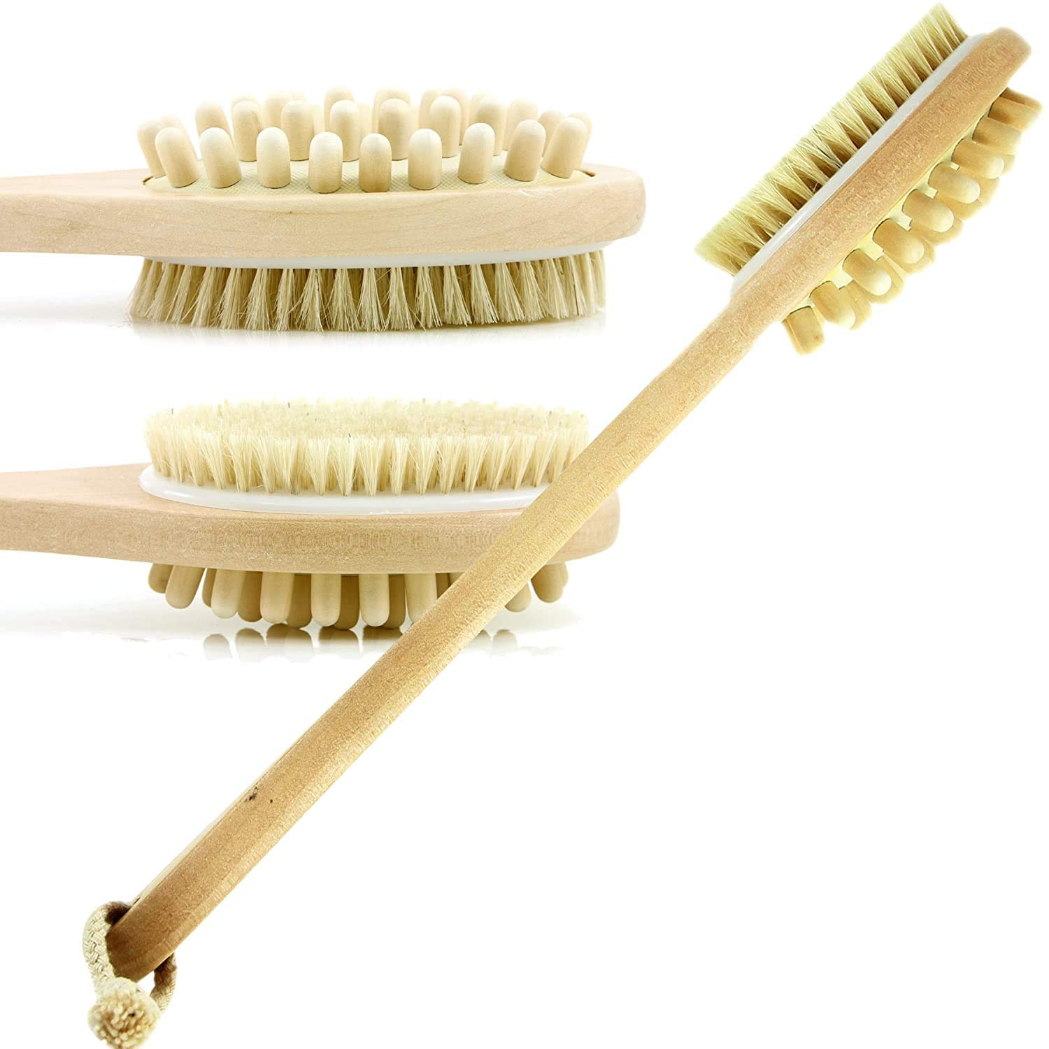 Natural Bristle Long Handle Bath & Body Brush for Exfoliating & Relaxation - Dry/Wet Skin Scrubber for Men & Women - Perfect for Shower, Spa & Lymphatic Massage at Home