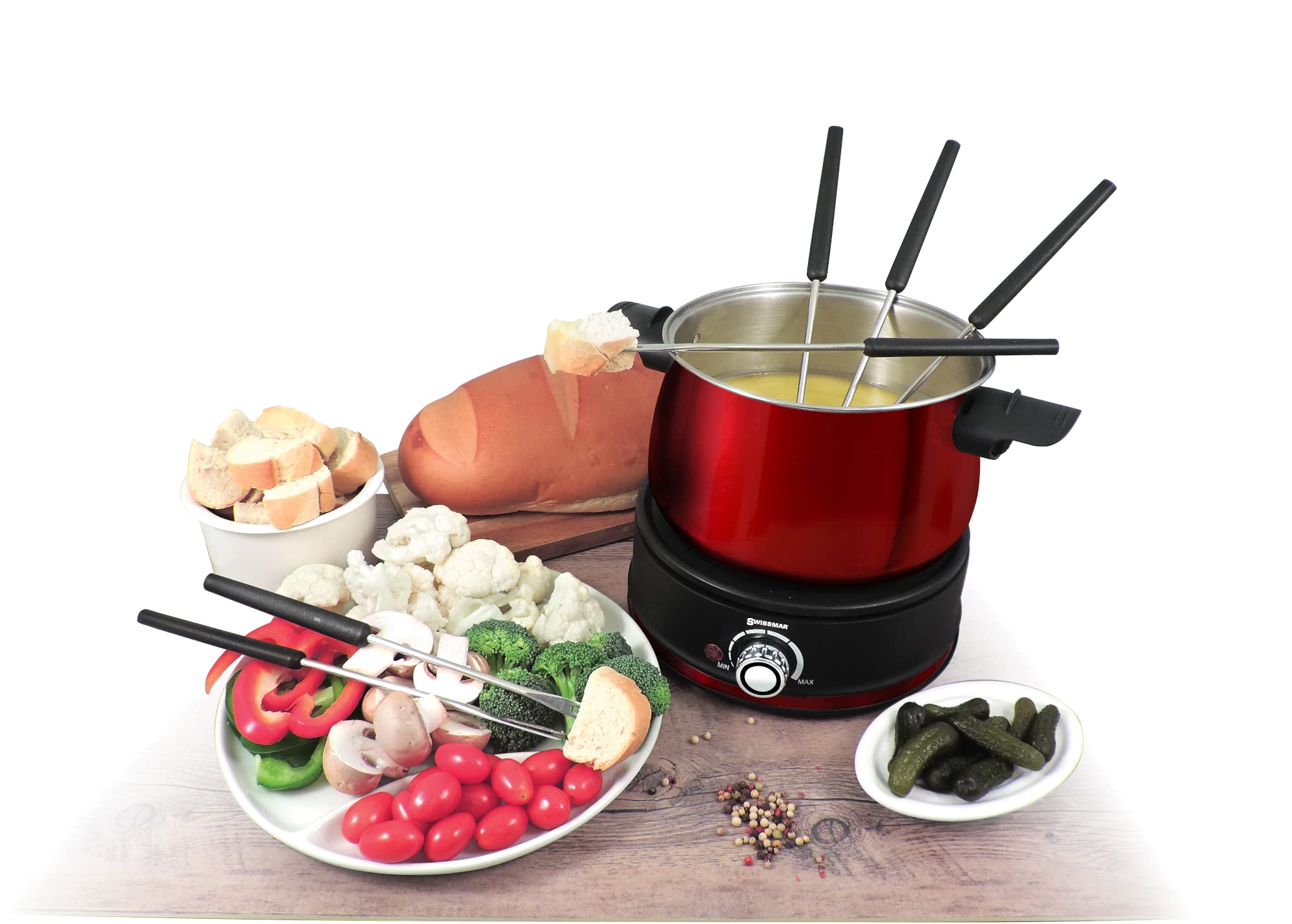 Swissmar Arolla 10-Piece Electric Fondue Set - Stainless Steel Fondue Pot for Cheese, Chocolate, Oil & Broth (2.1 Qt/2L) - Perfect for Parties, Family Gatherings & Romantic Dinners - Great Wedding & Housewarming Gift (Red)