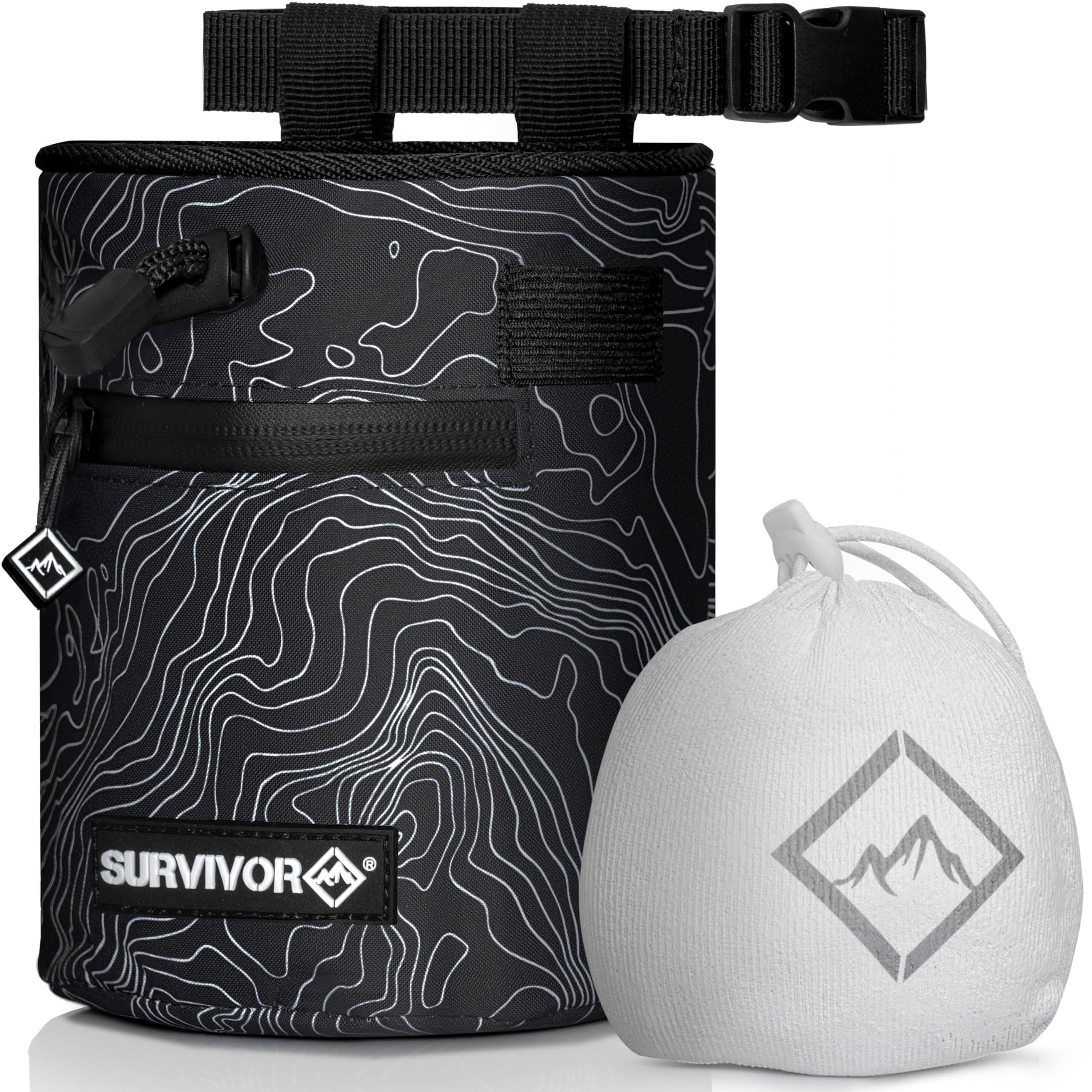 Topographical Map Chalk Bag with Refillable Chalk Ball - Rock Climbing & Bouldering Gear with 2 Zippered Pockets, Brush Holder & Drawstring Closure - Perfect for Weightlifting, Gymnastics and Outdoor Sports Training