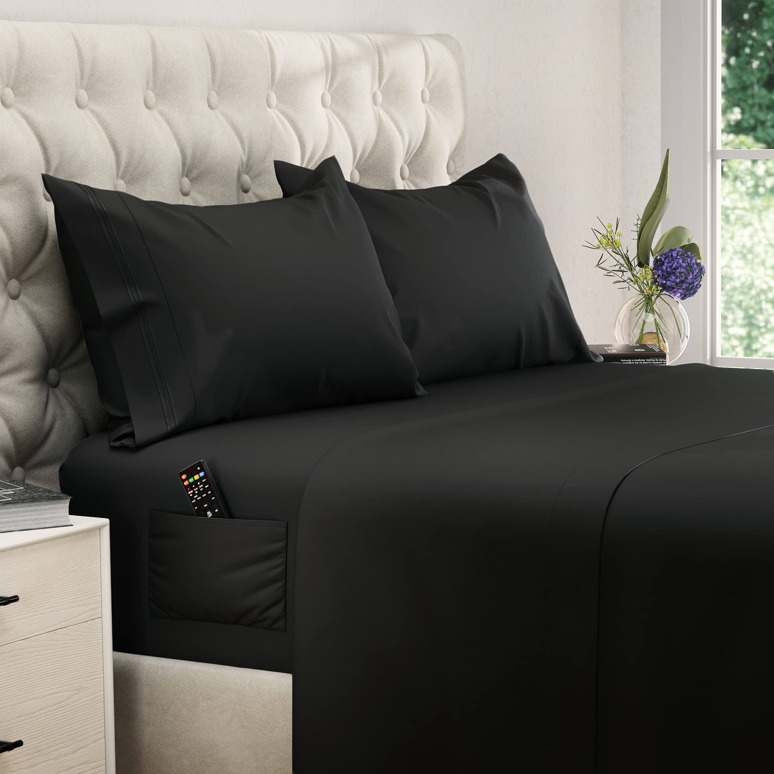 DREAMCARE Queen Size Cooling Bed Sheets Set - 4pc Deep Pocket Fitted Sheet, Flat Sheet & Pillowcases - 15