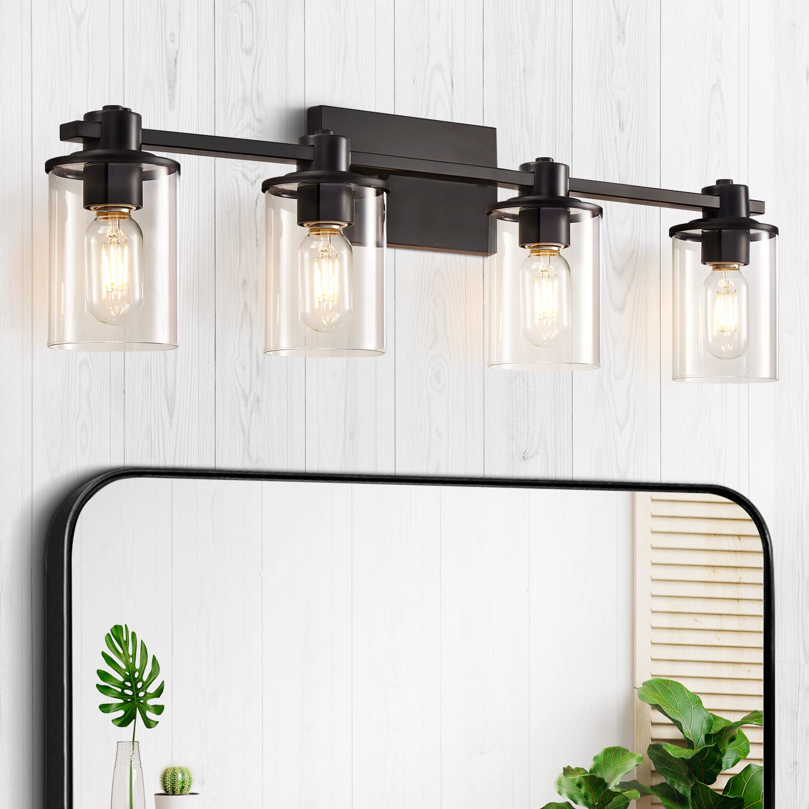 4-Light Modern Vanity Lights - Industrial Matte Black Bathroom Light Fixtures with Clear Glass Shades - Perfect for Bathroom Vanity, Living Room, Bedroom Mirror & Hallway Lighting - Elegant Home Decor for Modern Interiors