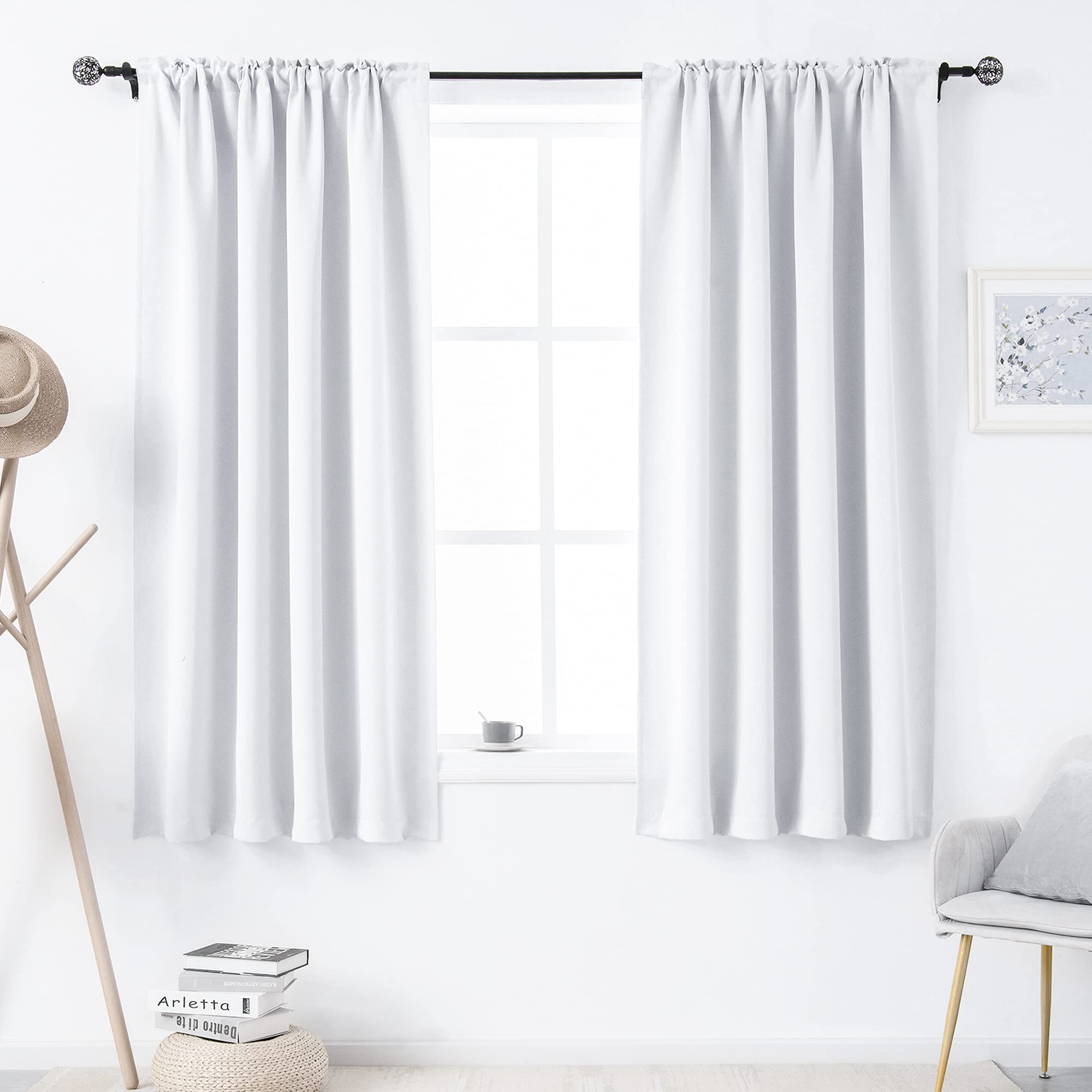 Dualife Pure White Blackout Curtains for Bedroom & Living Room - 42x45 Inch Thermal Insulated Soundproof Window Panels, Set of 2 with Rod Pocket | Perfect for Small Windows, Light Control & Noise Reduction