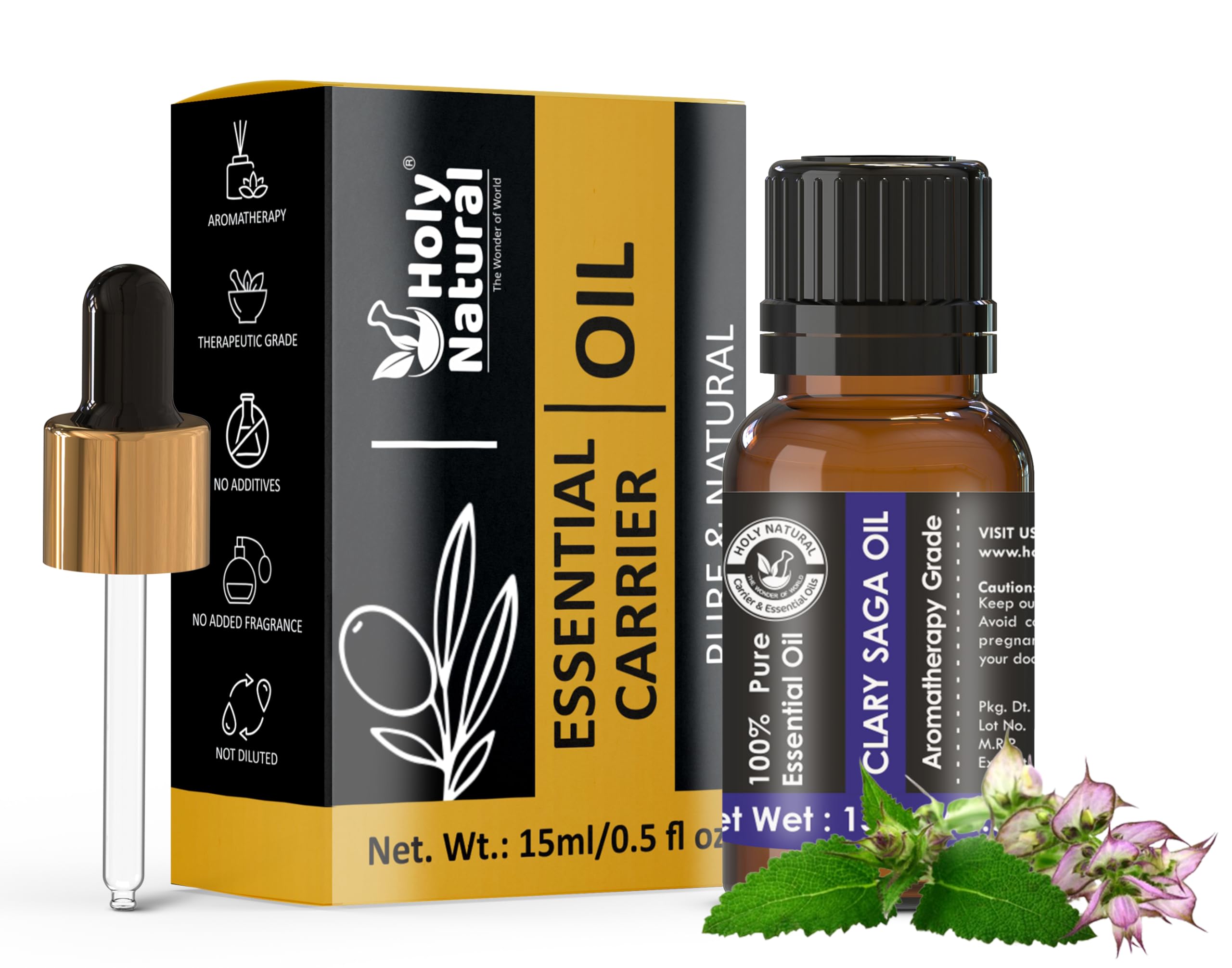 Pure Holy Natural Clary Sage Essential Oil 15ml with Dropper - Undiluted Therapeutic Grade for Skin Care, Hair Growth, Dandruff Treatment & Aromatherapy | Perfect for Massage, Diffuser, DIY Beauty & Relaxation