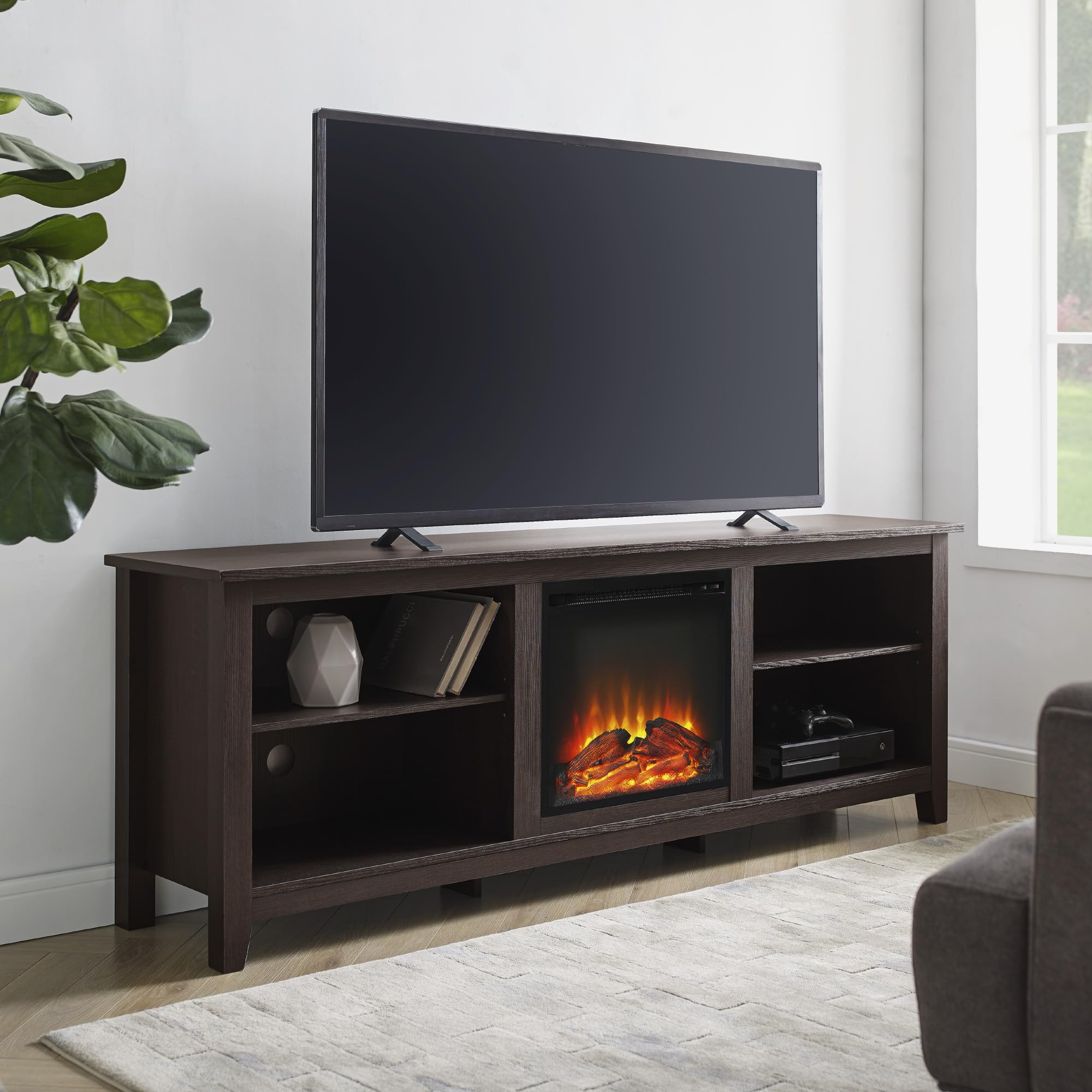 Walker Edison Wren Classic 4-Cubby Fireplace TV Stand for 70-80 Inch TVs - Espresso Finish - Perfect for Living Room, Bedroom & Home Theater Entertainment Centers