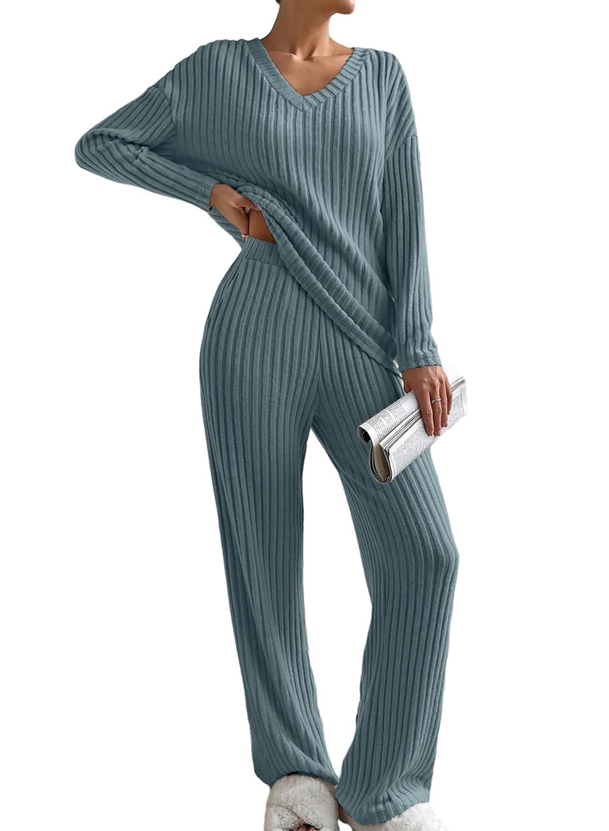 SHEWIN Women's Pajama Sets - Long & Short Sleeve 2-Piece Lounge Outfit, Ribbed Knit Sweater Sleepwear for Cozy Nights & Relaxing at Home