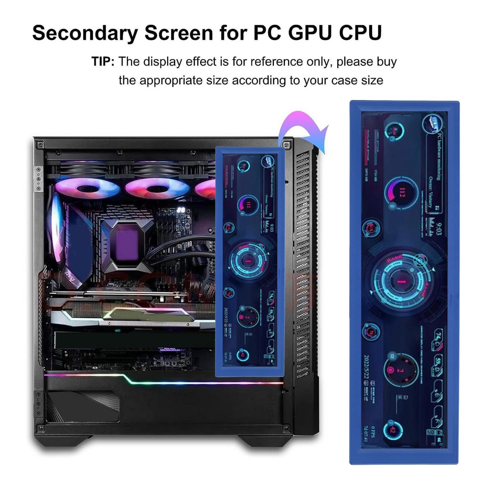 Annadue 8.8 Inch PC Temperature Monitor - 1920x480 LCD Touchscreen Display with Dynamic Themes, Real-Time CPU RAM HDD FPS Data Tracking - Perfect for Gaming Rigs, Workstations & PC Builds (Blue)
