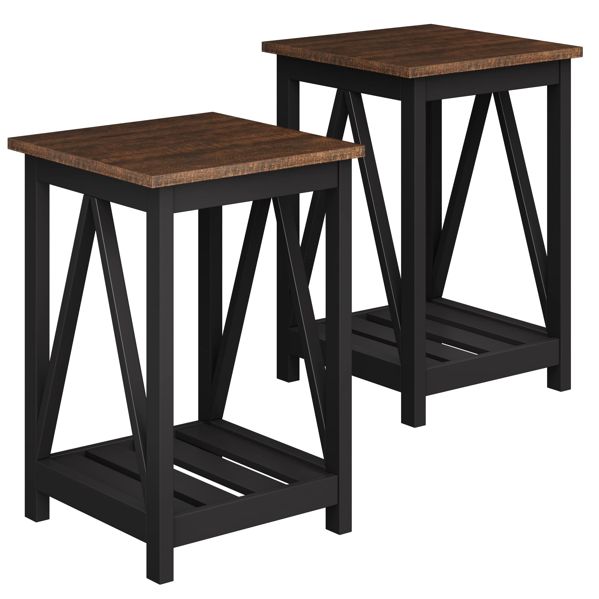 Rustic Vintage ChooChoo Farmhouse End Table with Storage Shelf - 2 Pack Black Nightstand for Small Spaces, Perfect for Living Room, Bedroom & Sofa Side Table | Compact Home Decor & Space-Saving Furniture