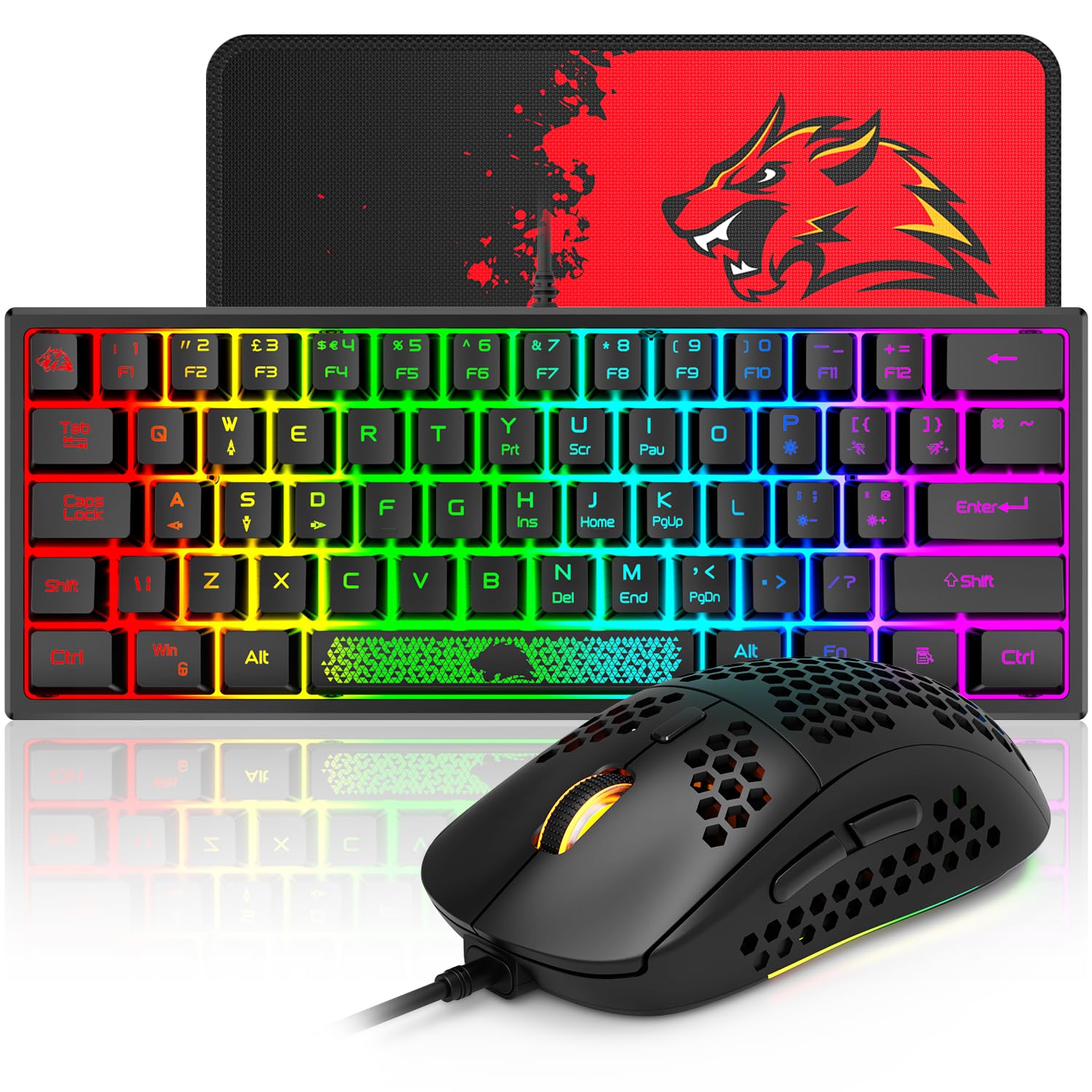 60% RGB Backlit Gaming Keyboard and Mouse Combo - Mini Mechanical Feel Keyboard with 6400 DPI Honeycomb Optical Mouse & Gaming Mousepad - Perfect for PC Gamers, Esports & Office Typists (Black) | Compact Setup for Small Desks & Travel Gaming