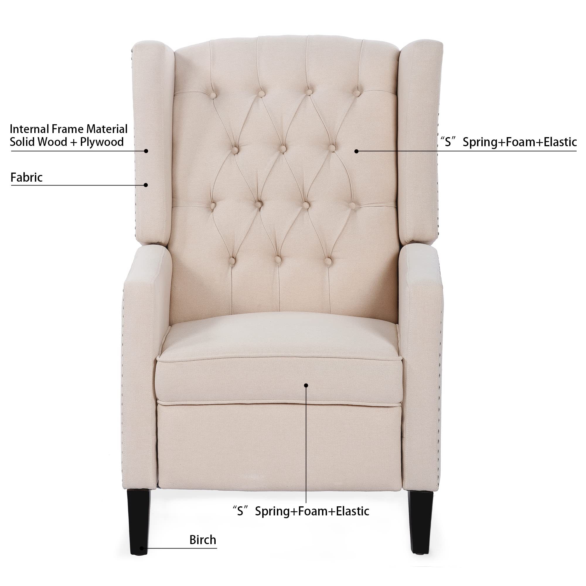 Push Back Recliner Chair - Small Space Comfortable Armchair with Wingback & Rivets Design, Modern Living Room Accent Chair for Adults - Perfect for Reading, Relaxing & Small Apartments (White)