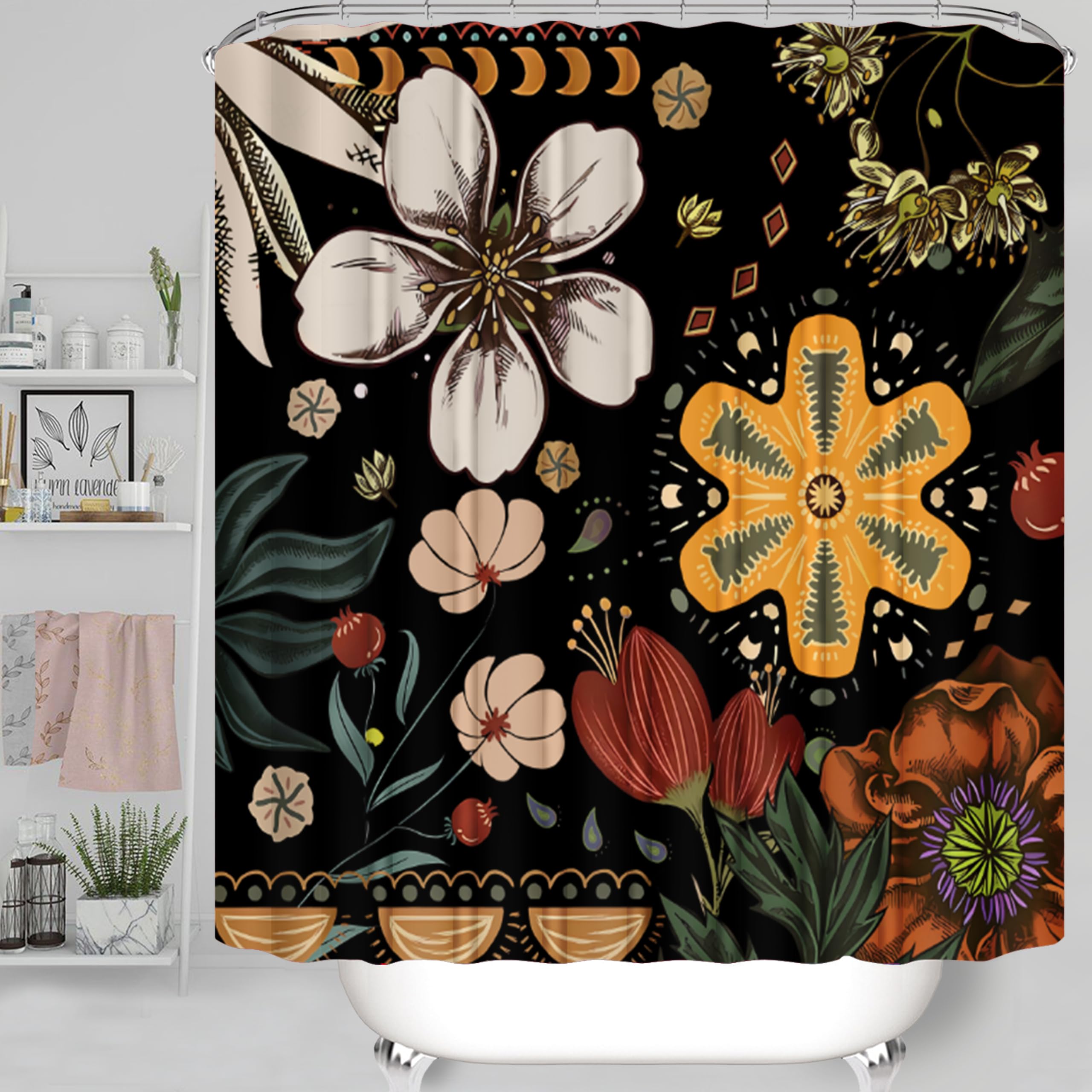 Boho Shower Curtain Set - 4 Piece Black Bathroom Decor with Waterproof Shower Curtain, Non-Slip Rugs & Hooks | Modern Bathroom Accessories for Spa, Hotel & Home Decor