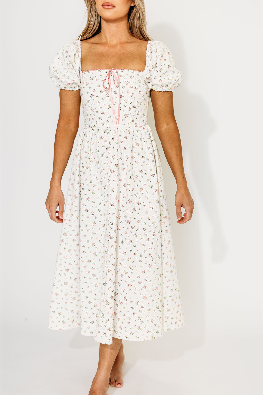 Charlotte Cotton Puff Sleeve Midi Dress - Cream & Pink Floral Print Summer Dress for Women | Perfect for Garden Parties, Brunch Dates & Vacation Outfits
