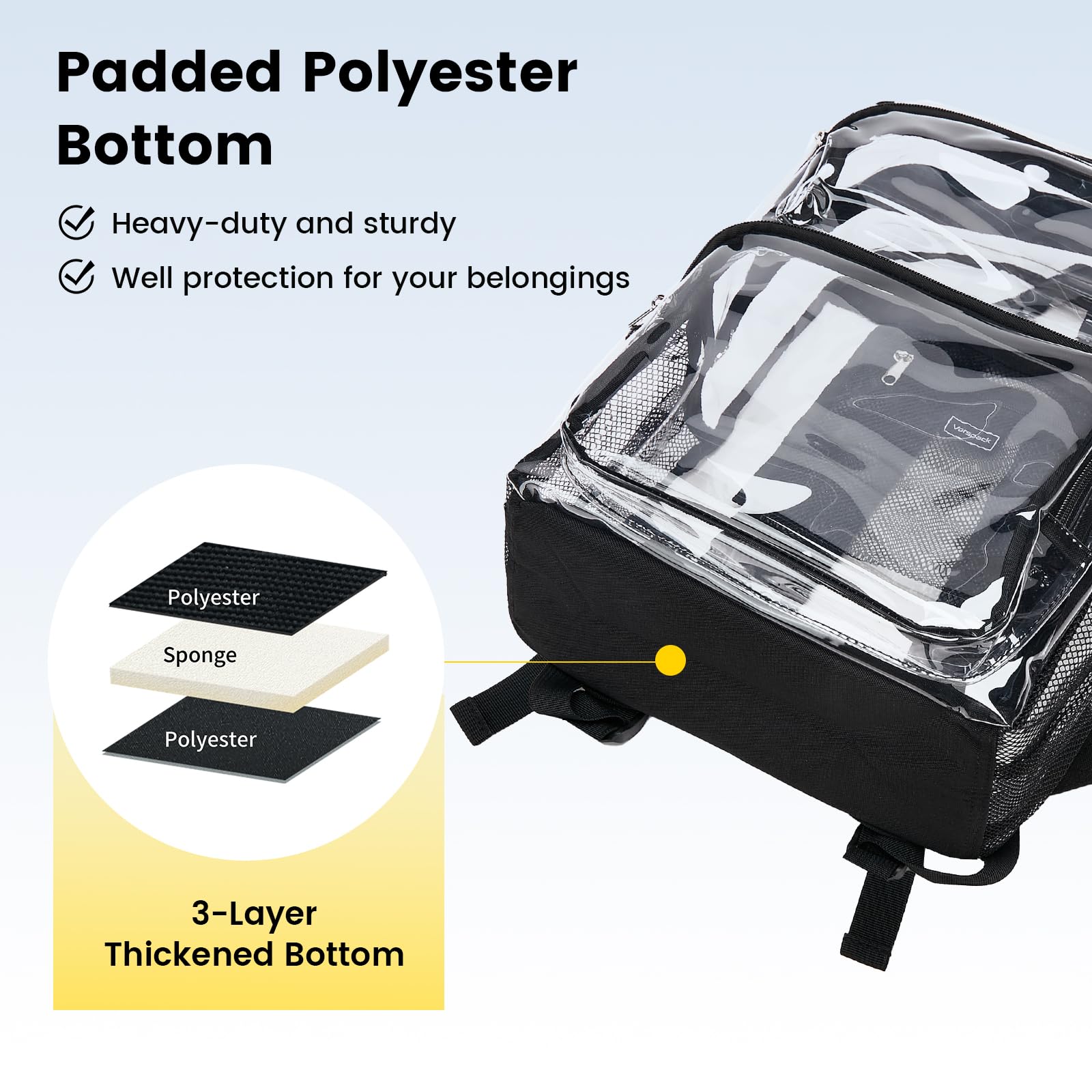 Vorspack Heavy Duty Clear Backpack - Large Transparent Bookbag for College, Work, Travel & Festivals | Durable See-Through Backpack for School, Concerts, Stadium Events & Airport Security (Black)