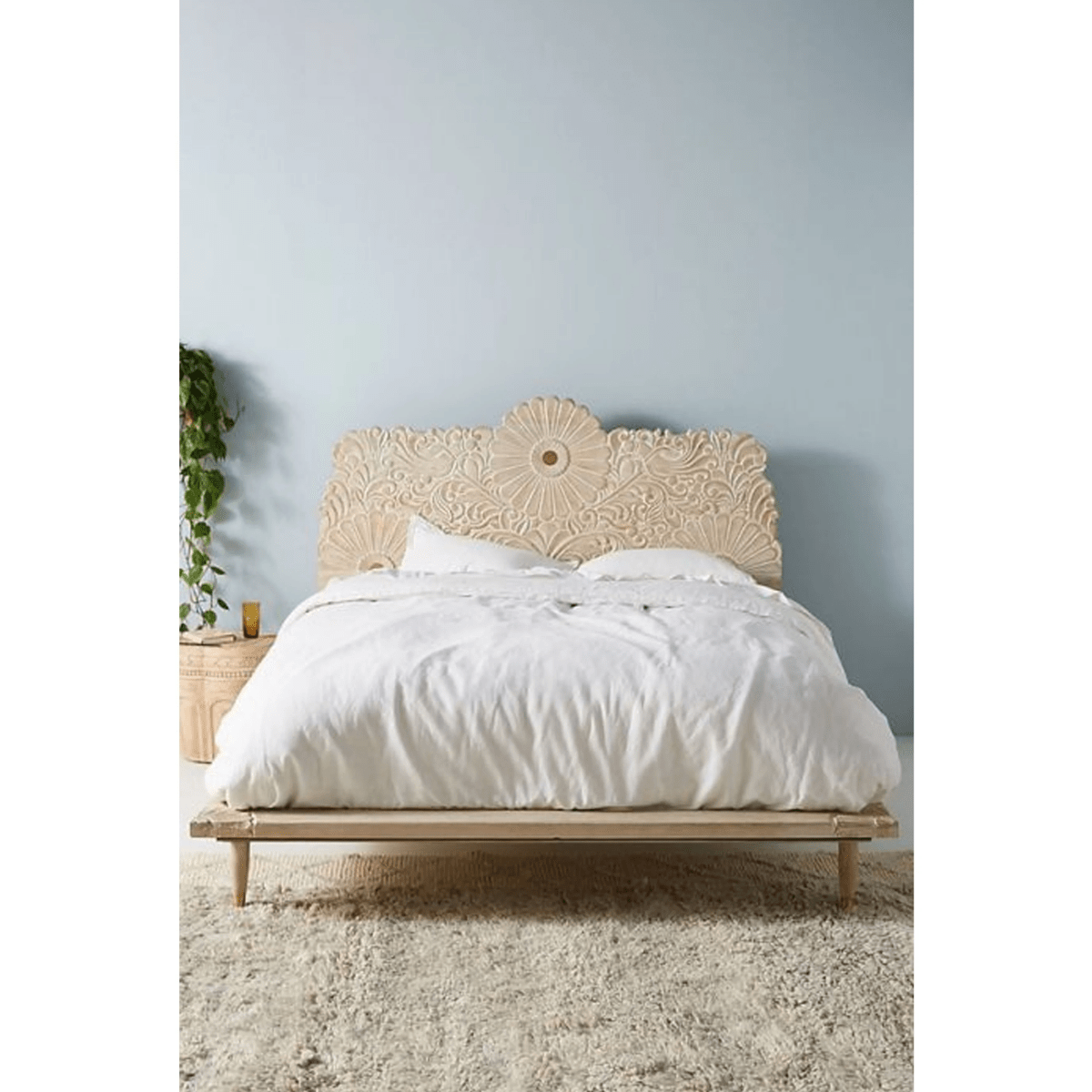 Hand Carved Bohemian Style Floral Queen Size Bed Frame & King Size Bed Frame - Elegant Vintage Bedroom Furniture for Master Bedroom Decor