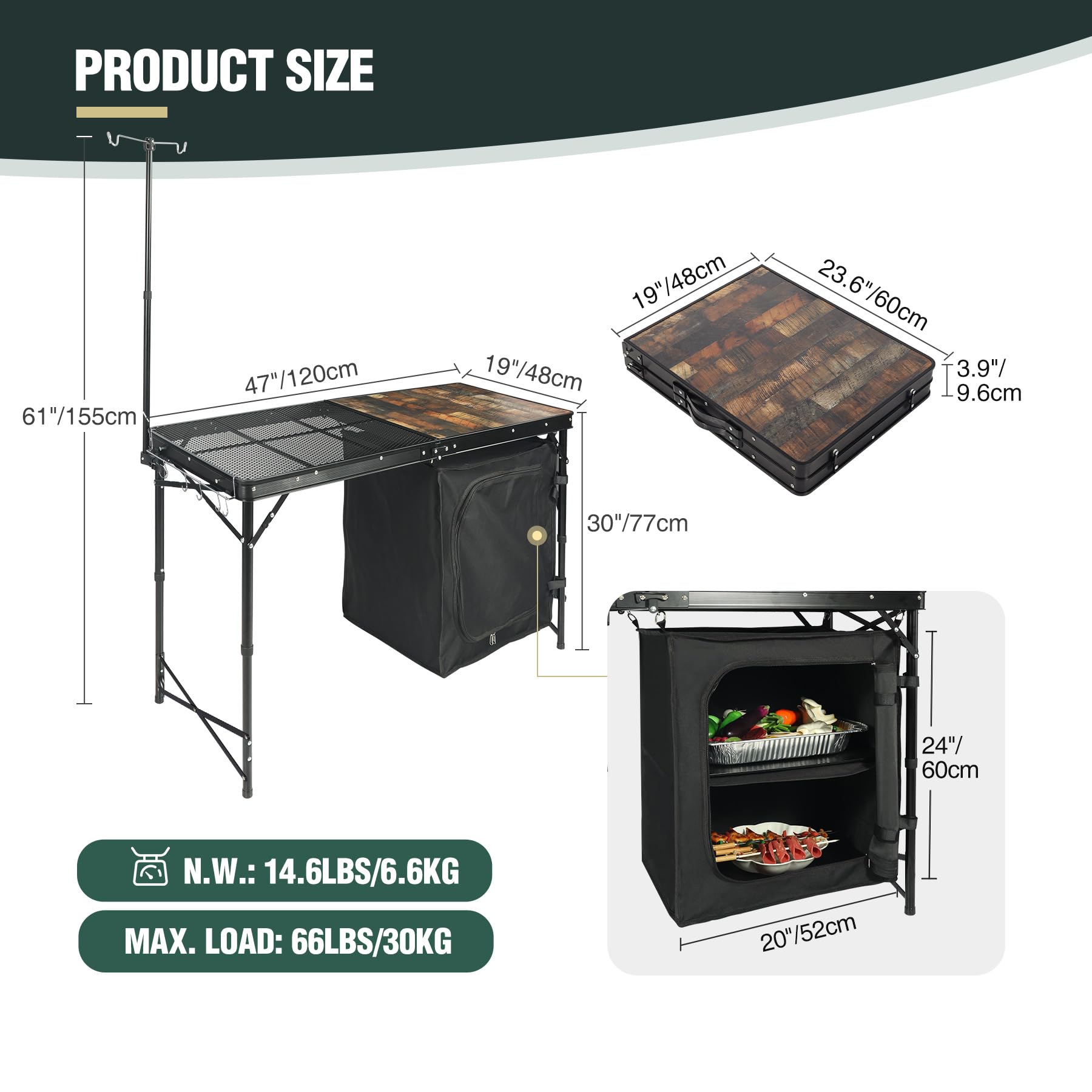 REDCAMP 4ft Portable Camping Kitchen Table with Storage Organizer & Telescoping Light Stand - Foldable Outdoor Cooking Station for BBQ, Picnic, Party & Camping | Perfect for Backyard Grilling, Tailgating & RV Adventures
