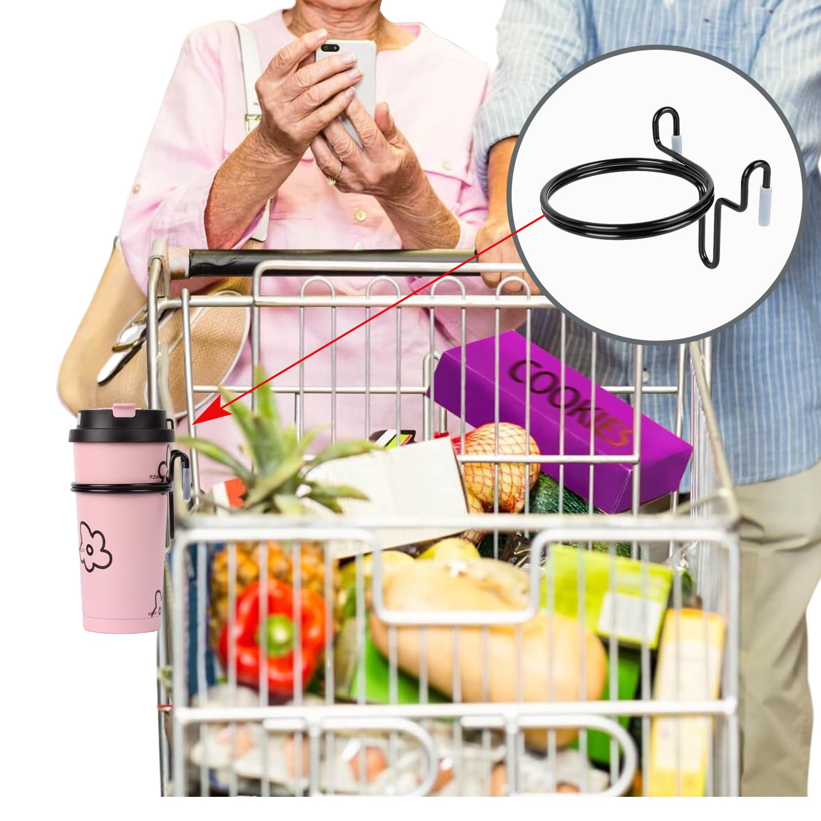 2 Pack Stainless Steel Shopping Cart Cup Holder - Portable Drink Holder for Coffee, Soda & Beverages - Fits Most Tapered Cups - Perfect for Grocery Shopping, Road Trips & Outdoor Activities
