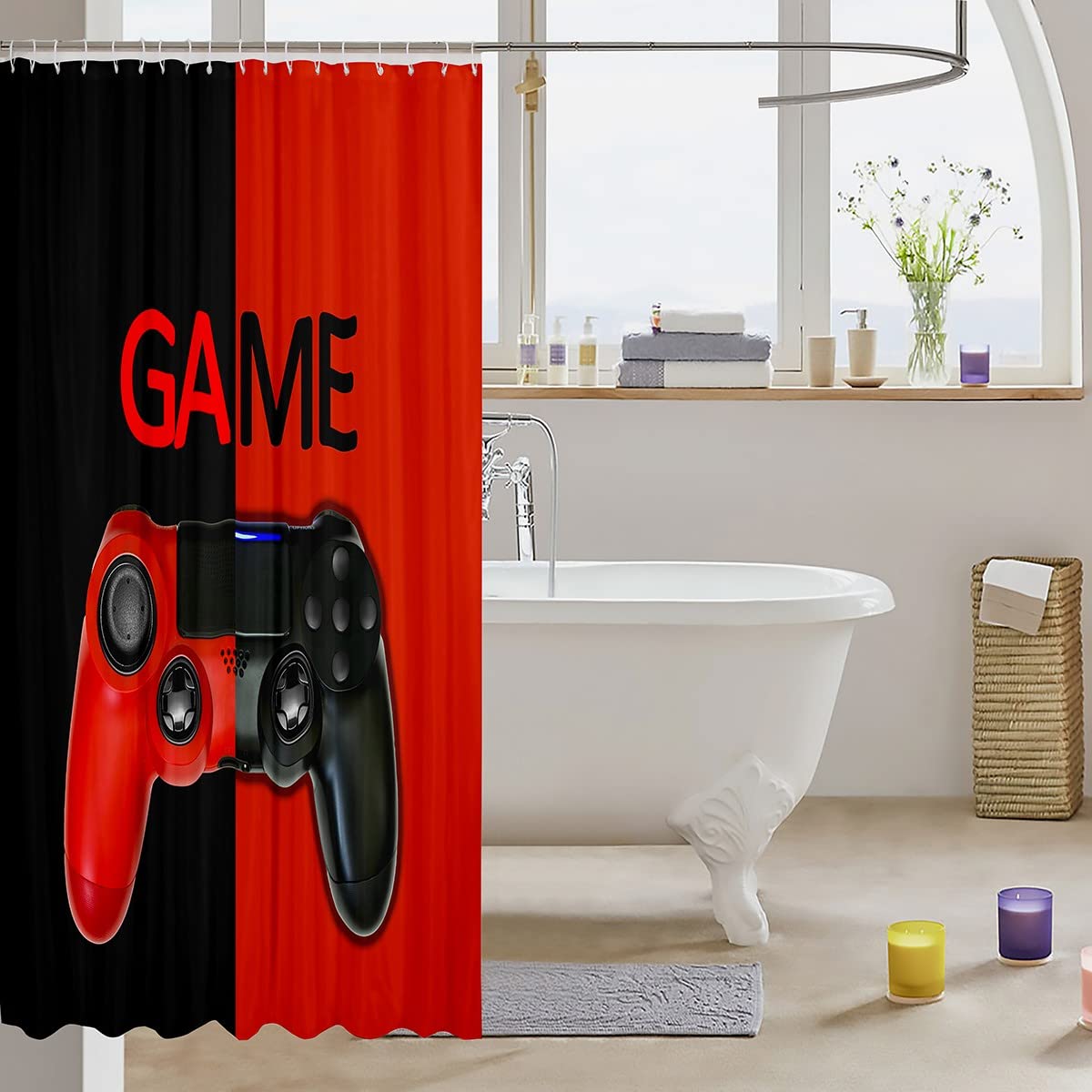 Boys Gamer Shower Curtain - Waterproof Video Game Design Bathroom Decor for Kids & Teens - 72x72 Inch Red & Black Fabric with 12 Hooks - Perfect for Gaming Themed Bathrooms & Teen Bedrooms