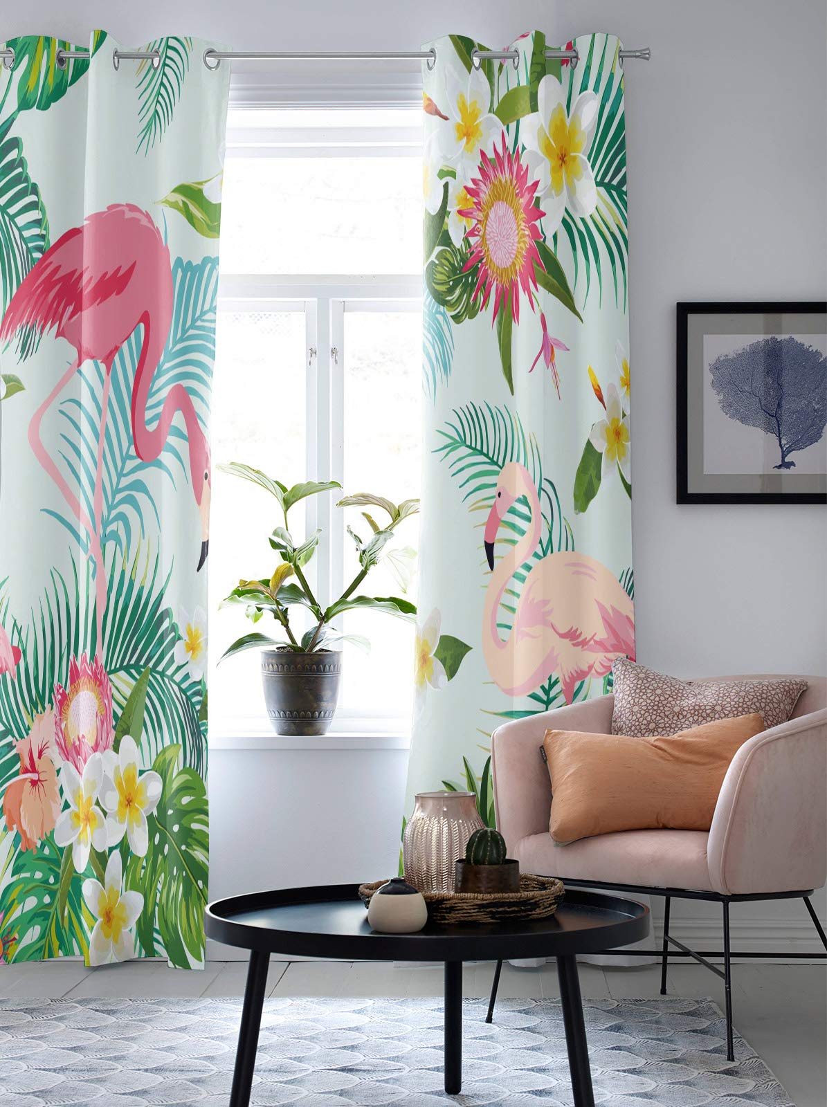 Blackout Curtains for Bedroom & Living Room - 2 Panels Tropical Palm Leaves Flamingo Window Drapes (52x84 Inch) | Grommet Panels for Light Blocking & Privacy | Perfect for Nursery, Home Theater & Shift Workers