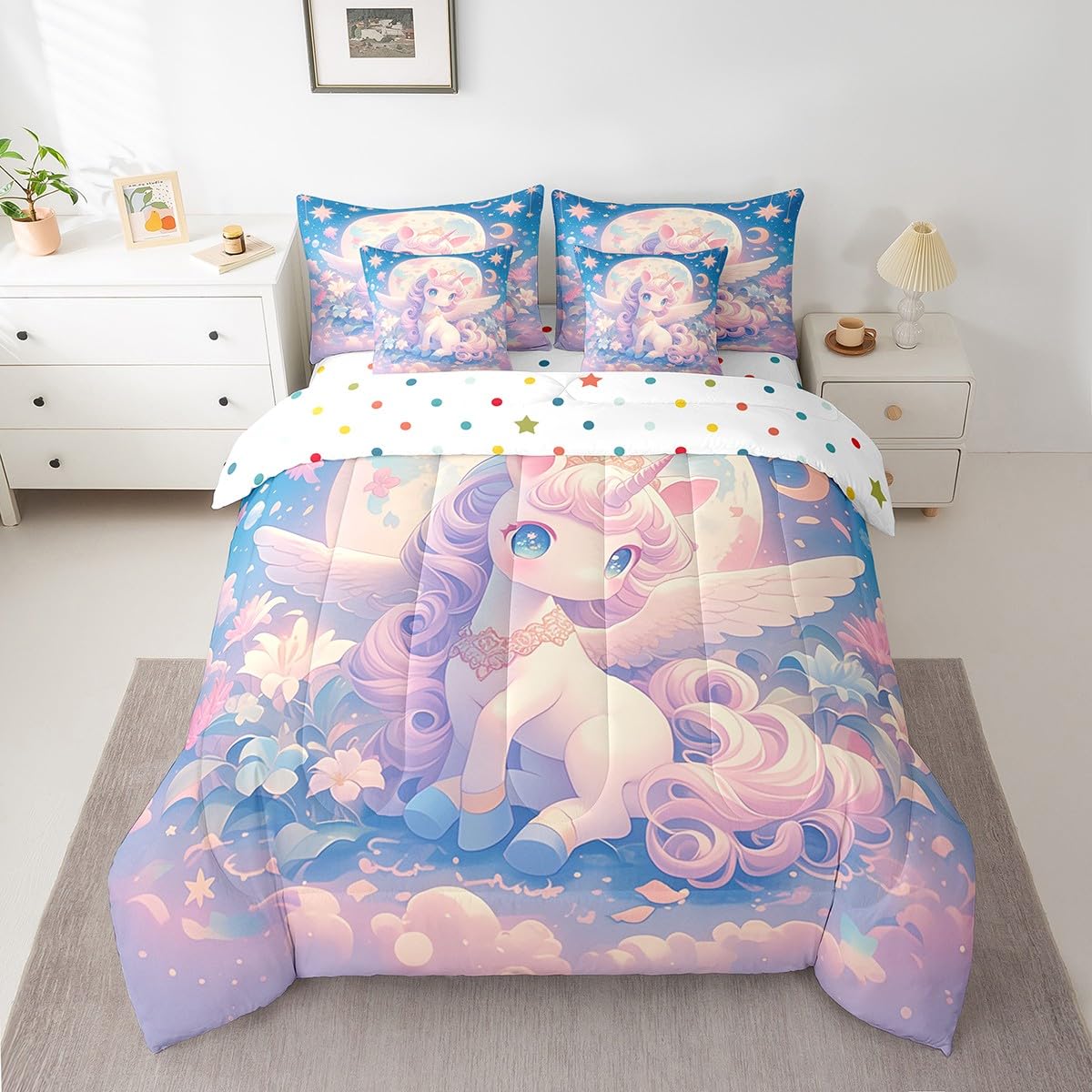 Erosebridal 7-Piece King Size Cartoon Unicorn Comforter Set - Galaxy Sky Clouds & Stars Bedding for Kids, Dreamy Night Sheet Set (Bed in a Bag) - Perfect for Fantasy Themed Bedrooms, Kids' Room Decor, and Cozy Sleepovers