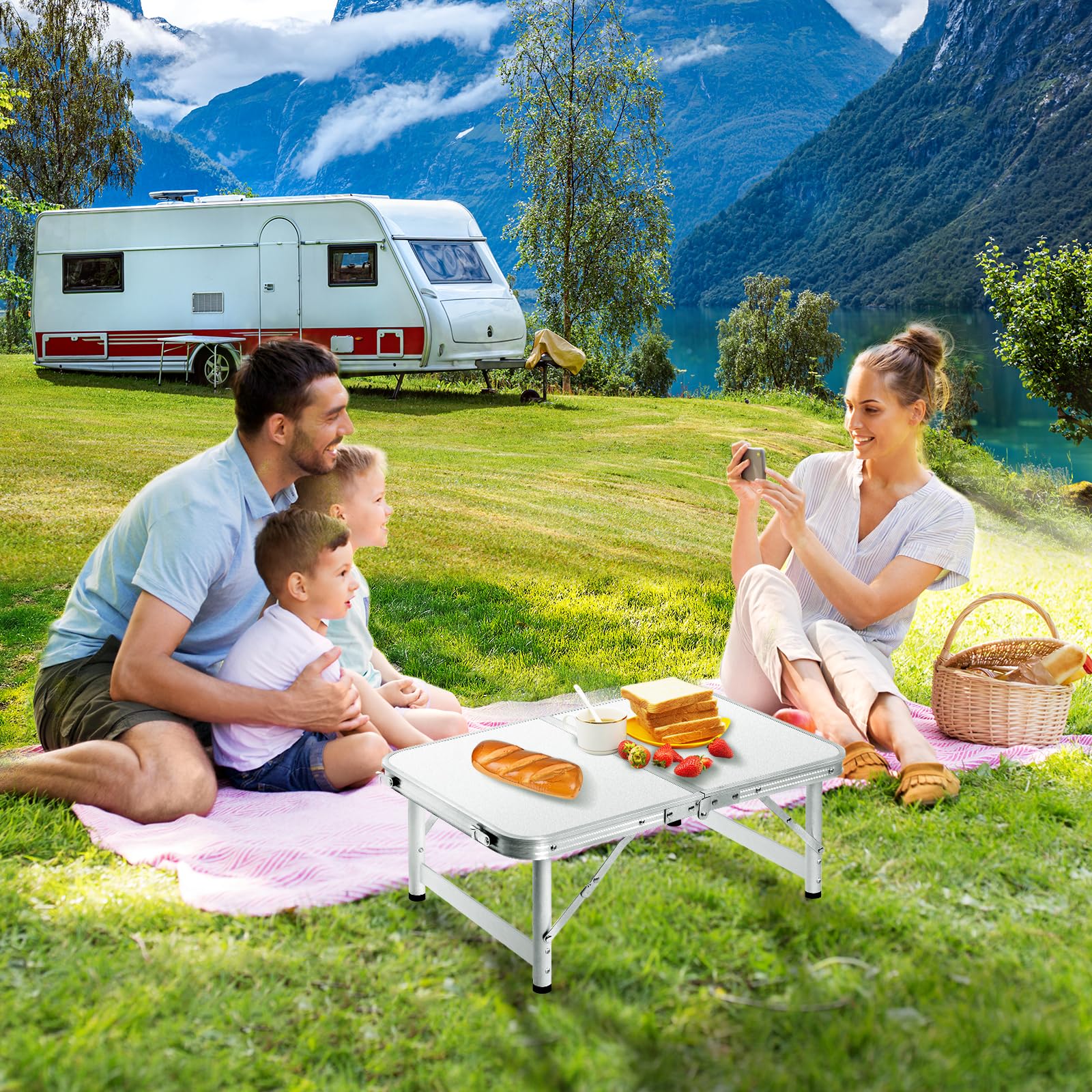 2FT Portable Folding Camping Table - Adjustable Height Aluminum Picnic Table for Outdoor, Beach, BBQ & Travel (23.6×15.7 inch, White) - Perfect for Camping Trips, Backyard Parties & Tailgating