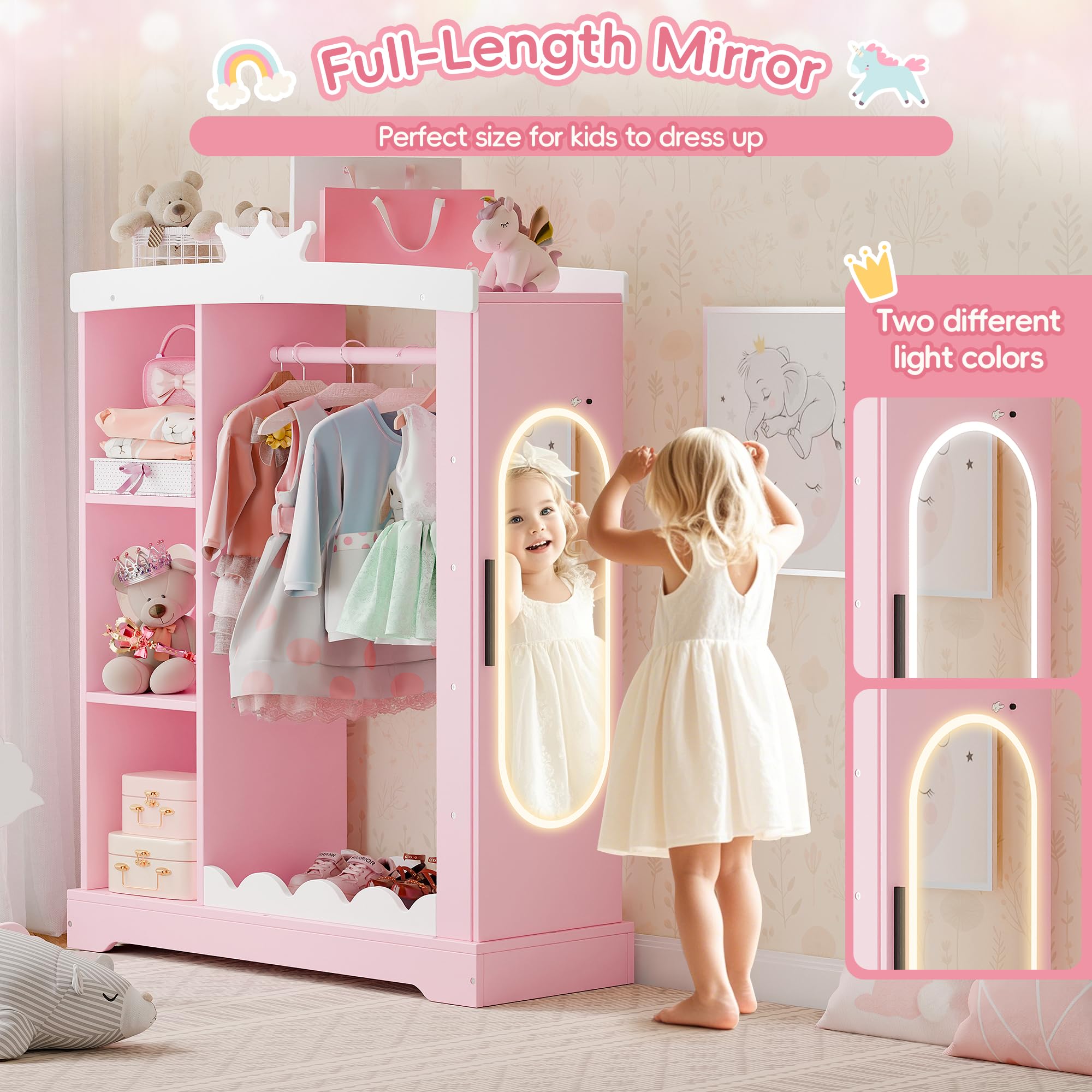 Xilingol Kids Armoire with Jewelry Cabinet & Mirror - Princess Dress Up Storage Wardrobe with Shelves - Pink Costume Organizer for Girls Bedroom & Playroom - Perfect for Birthday Gifts & Pretend Play