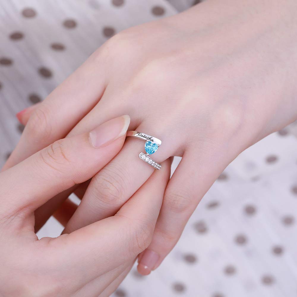 Custom 925 Sterling Silver Heart Birthstone Name Ring - Personalized Engraved Promise, Wedding & Engagement Ring for Women - Perfect Birthday, Anniversary & Valentine's Day Gift for Her - Romantic Jewelry for Couples & Special Occasions