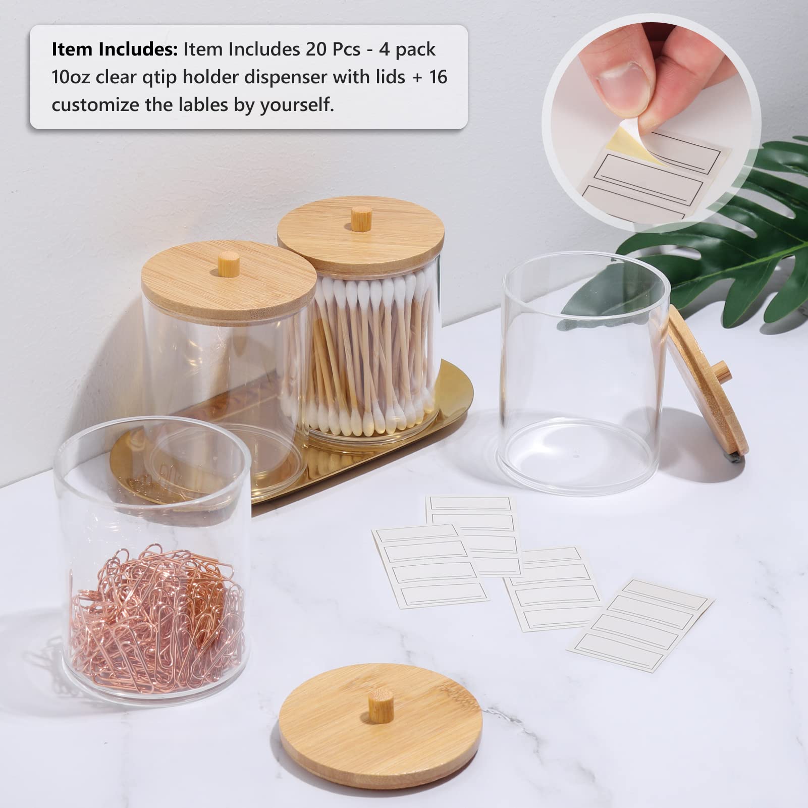 4-Pack Q-Tip Holders with Lids & Labels - Glass Apothecary Jars for Makeup Sponges, Hair Clips & Cotton Swab Storage - Perfect for Bathroom Vanity, Salon Organizer & Travel Beauty Case