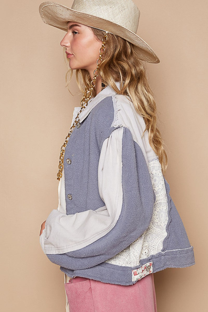 Stylish POL Crochet Patch Exposed Seam Button-Up Jacket for Women - Vintage Boho Fashion Outerwear for Spring & Fall