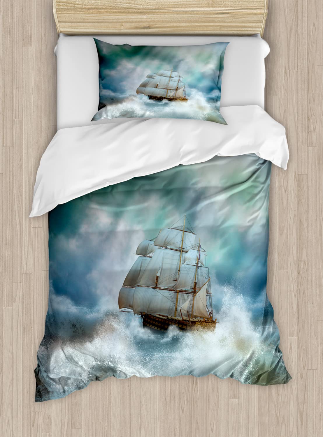 Ambesonne Ocean Duvet Cover Set King Size - Majestic Nautical Sealife & Pirate Ship Design, Blue Grey White Wavy Deep Sea Art Print Bedding - Includes 2 Duvet Covers & 4 Pillowcases (2 Pack) - Perfect for Beach Themed Bedrooms, Guest Rooms & Coastal Home Decor