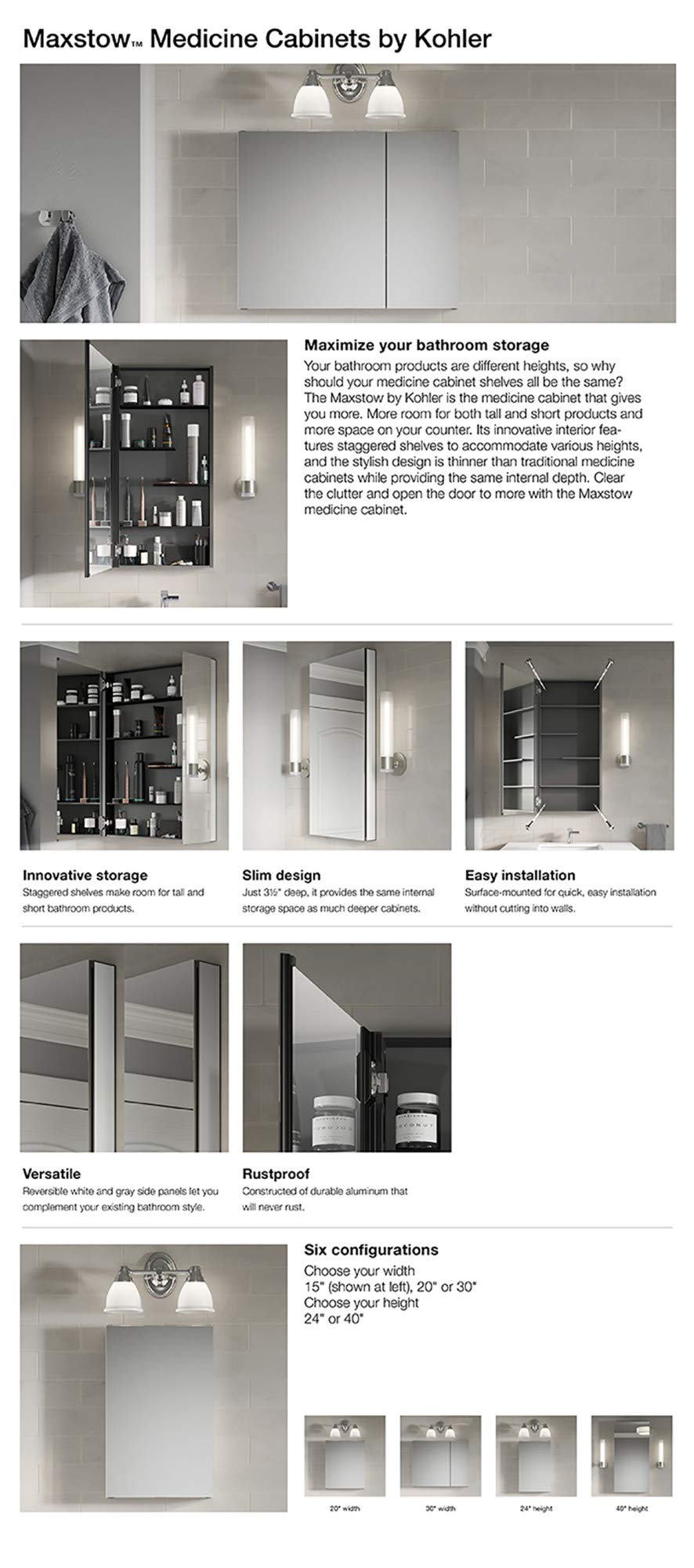 Kohler Medicine Cabinet with Slow-Close Mirrored Door - Recessed or Surface Mount Bathroom Storage for Toiletries & Essentials | Perfect for Modern Bathrooms & Vanities