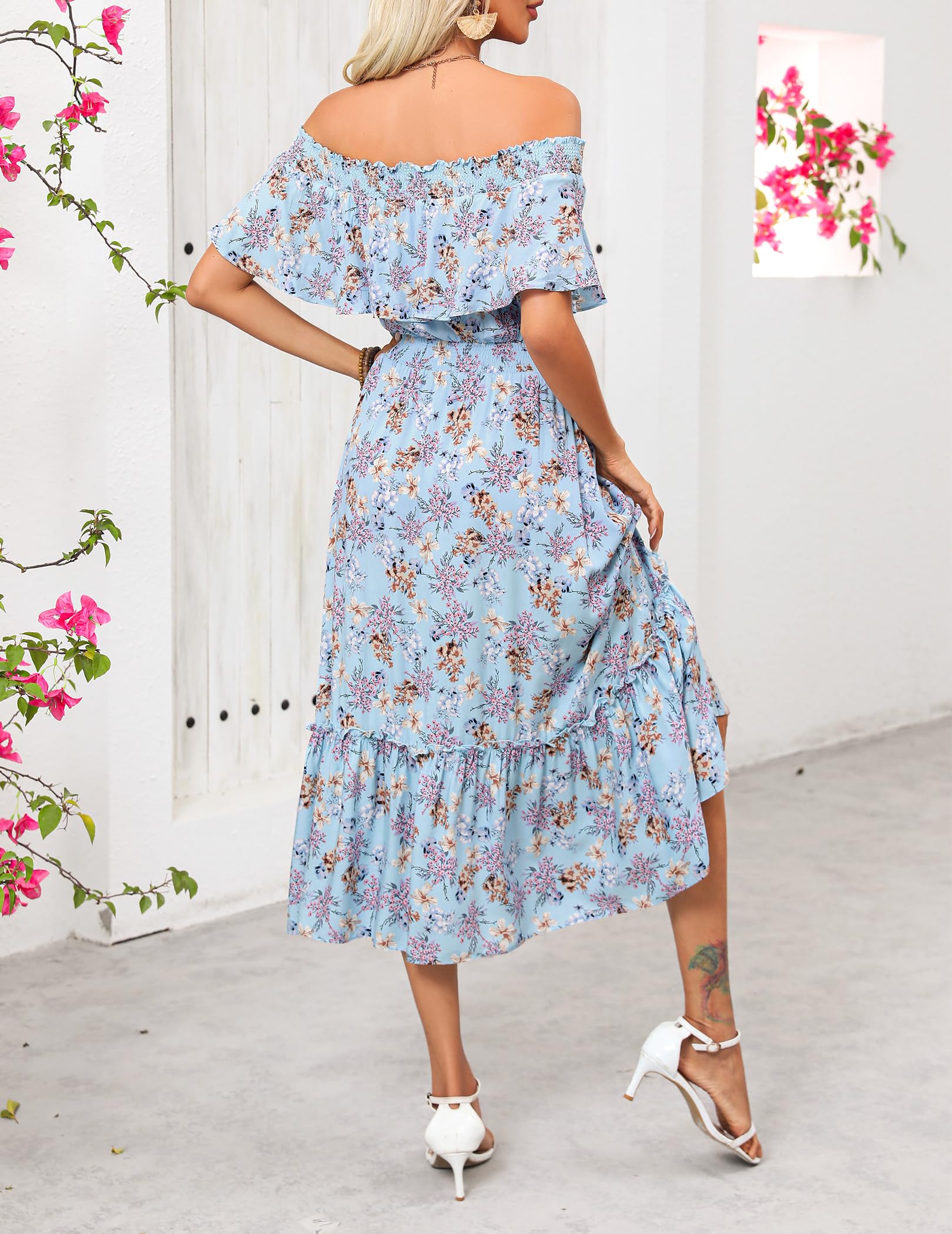 Prettywear Women's 2025 Spring Summer Boho Off Shoulder Floral Midi Dress - Short Sleeve A-Line Casual Beach Dress for Vacation, Party & Date Night