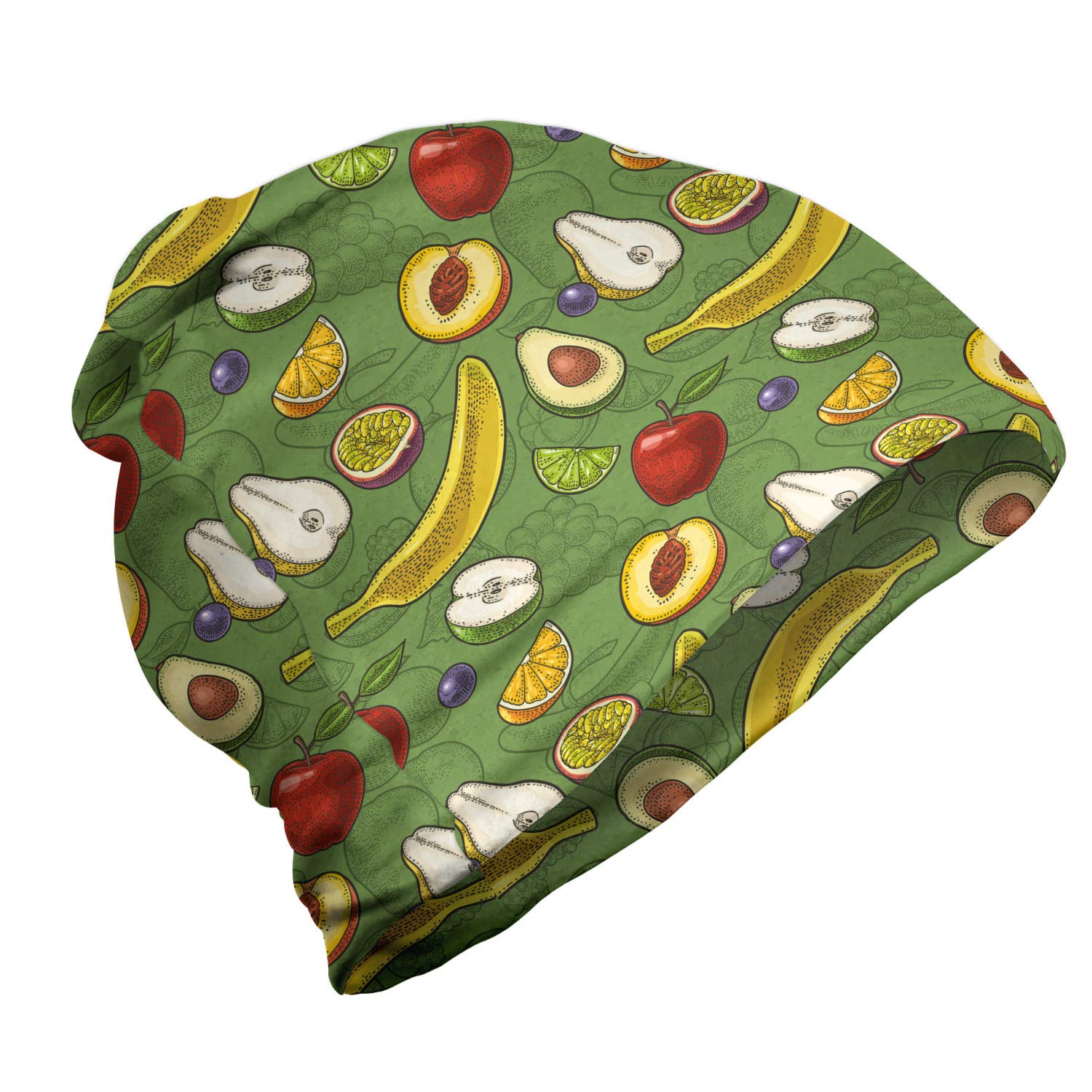 Ambesonne Unisex Winter Beanie - Avocado, Apple, Banana & Lime Print - Soft Knit Hat for Men & Women - Perfect for Hiking, Camping & Outdoor Activities